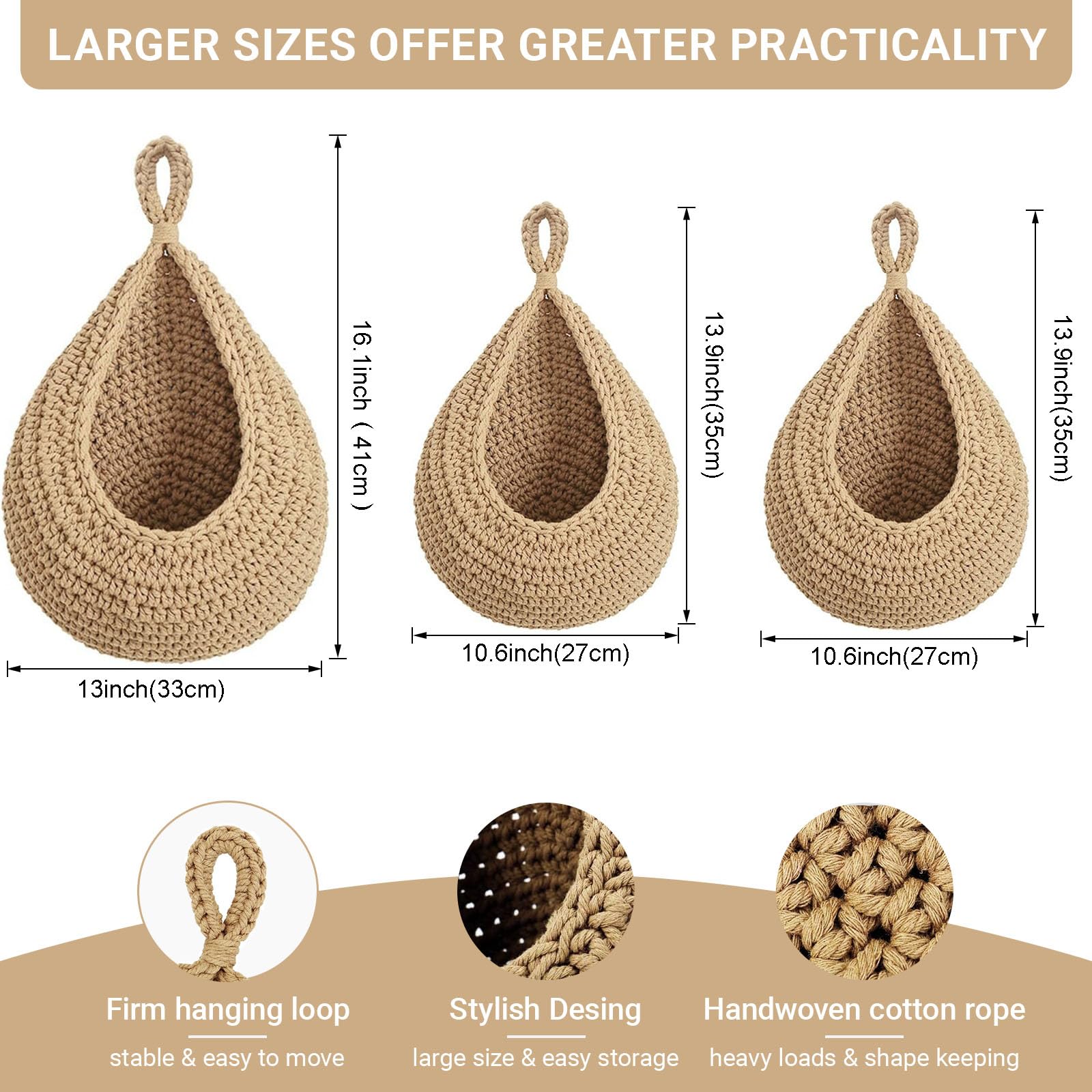 Halidali Hanging Fruit Baskets for Kitchen, 3 Pack Boho Cotton Rope Handwoven Vegetable Storage Wall Mounted Large Organizing Basket for Farmhouse Decor, Onion, Potato, Garlic and Plants (Linen)