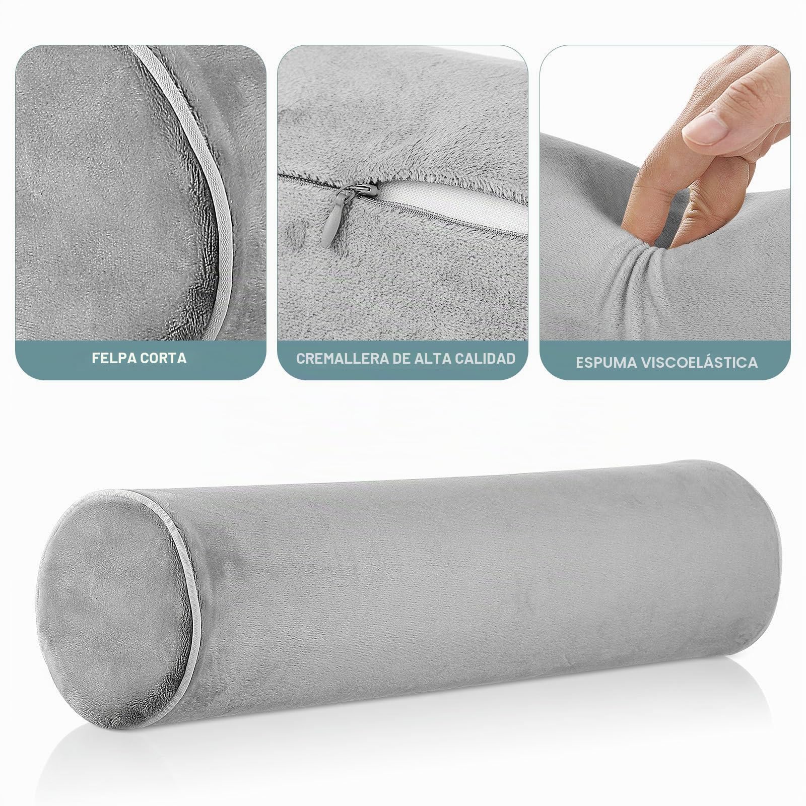 Almohada Cervical Redonda Cilíndrica 43x10 Cm de Algodón Viscoelástico Funda Lavable, Soporte Lumbar Ergonómico para Dormir, Viaje y Oficina, Cojín Terapéutico para Cuello