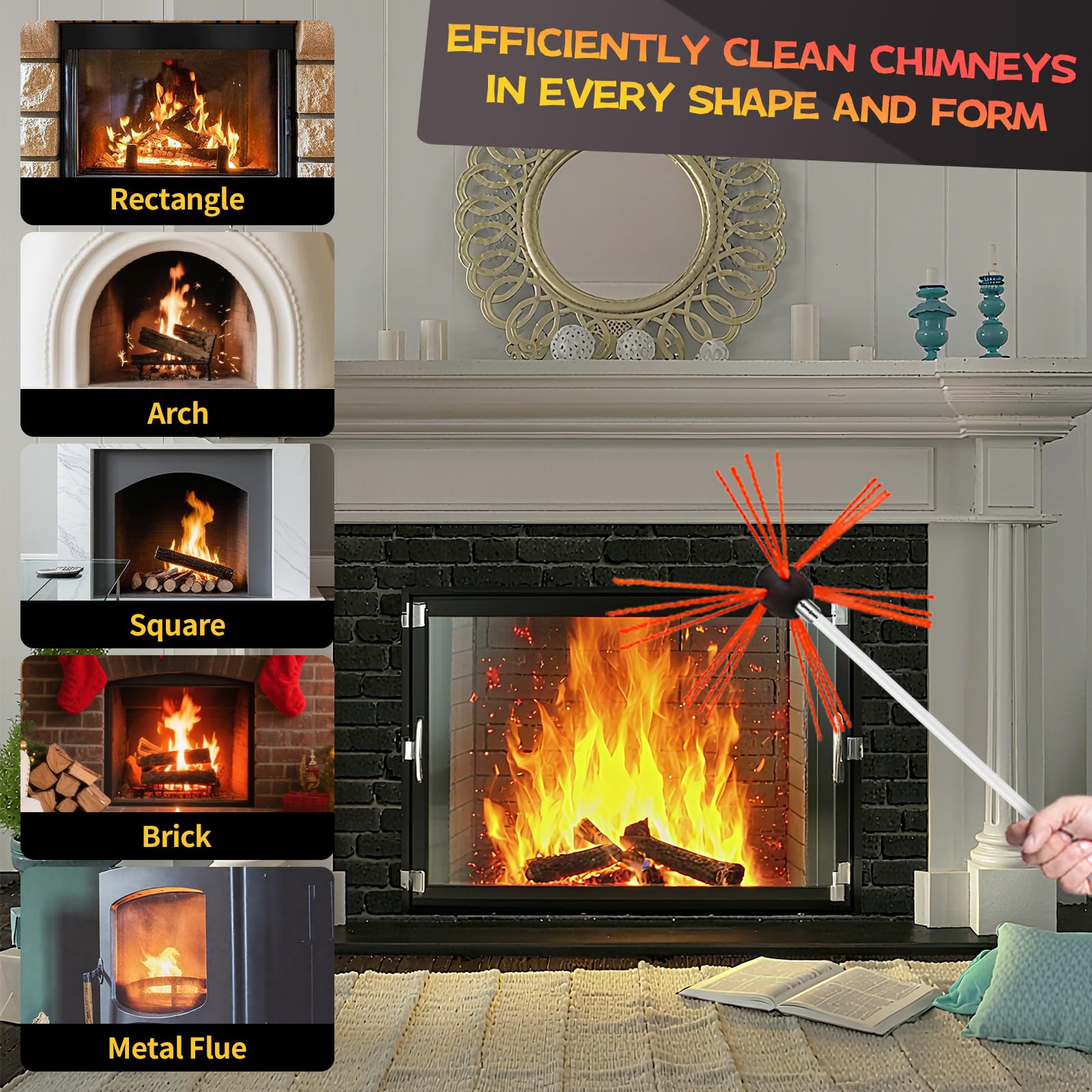 Kit de barrido de chimenea de 46 pies, kit de limpieza de chimenea con 14 varillas de chimenea blancas flexibles