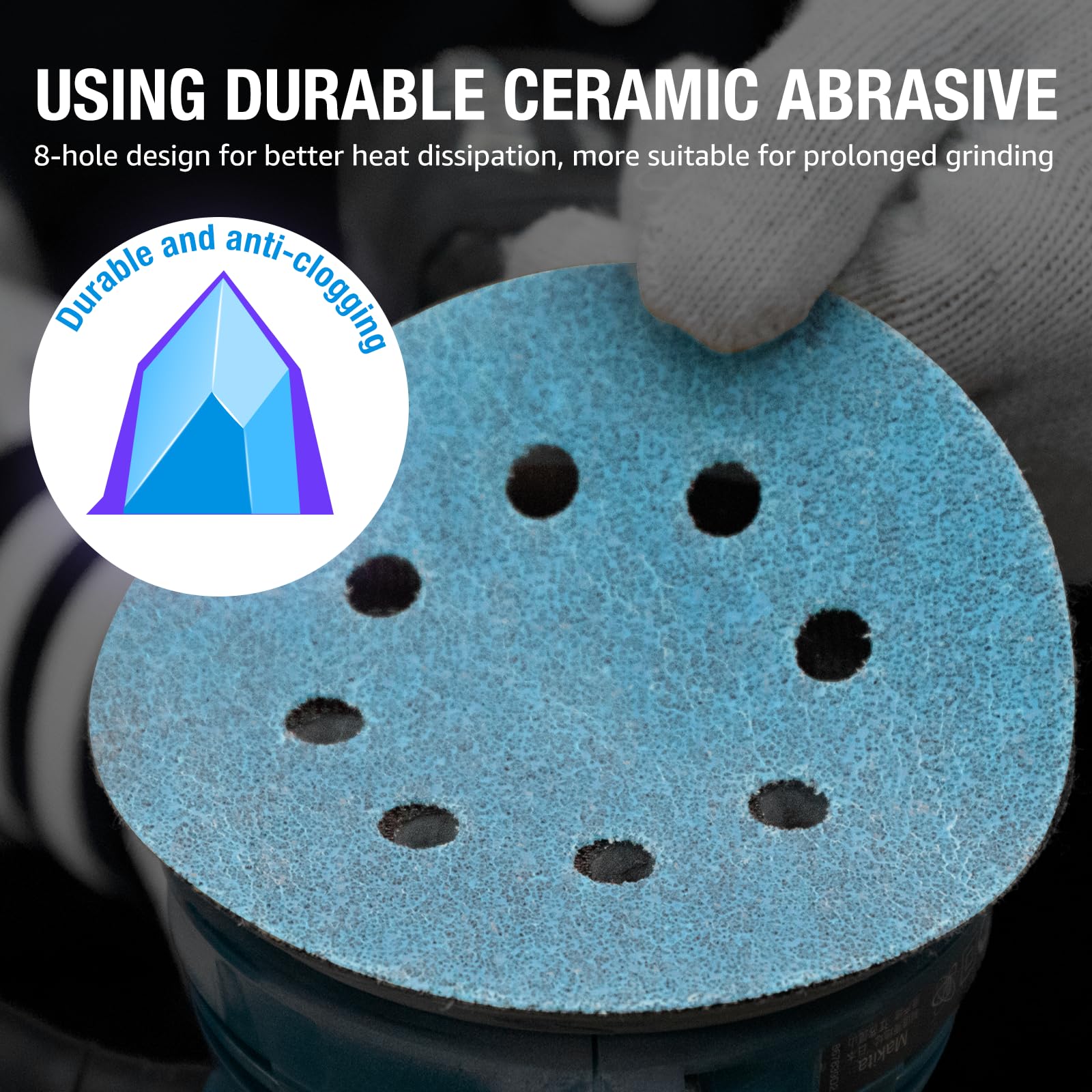 50PCS 125mm Sanding Discs 150 Grit Hook and Loop Sanding Disc, 5 Inch 8 Hole Blue Ceramic Sanding Discs - Image 2