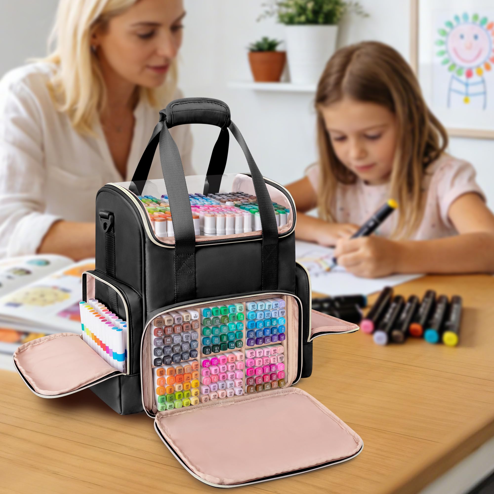 Rexmica Double Couche Sac de Rangement pour 400 Marqueurs, Grand Étui de Rangement pour Feutre à Alcool avec Séparateurs et Multiples Poches pour Stylos, Livres ou Autres Fournitures de Peinture, Noir