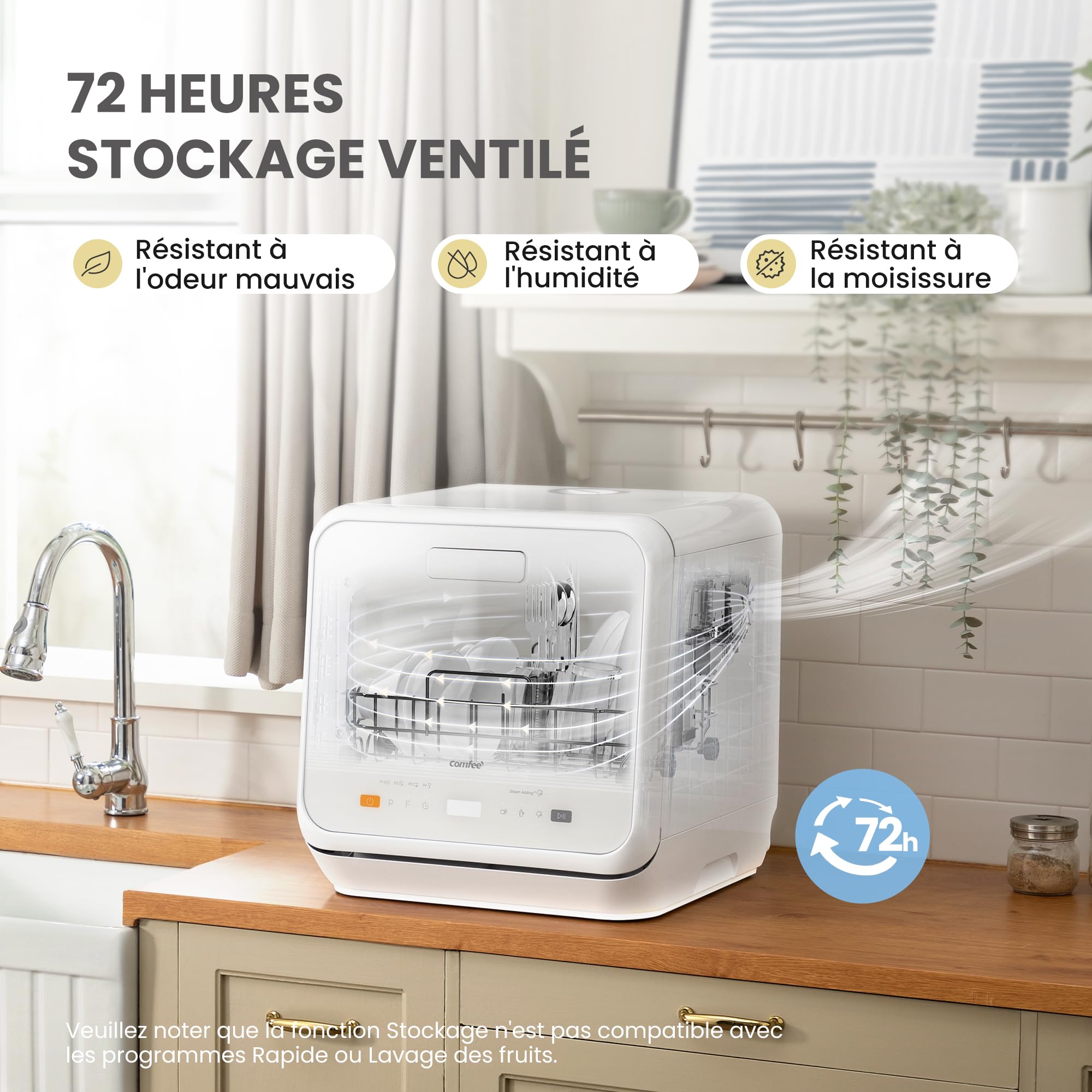 COMFEE' Lave-vaisselle de comptoir, mini lave-vaisselle de table, 6 programmes, lavage à la vapeur, sans plomberie, démarrage différé, blanc