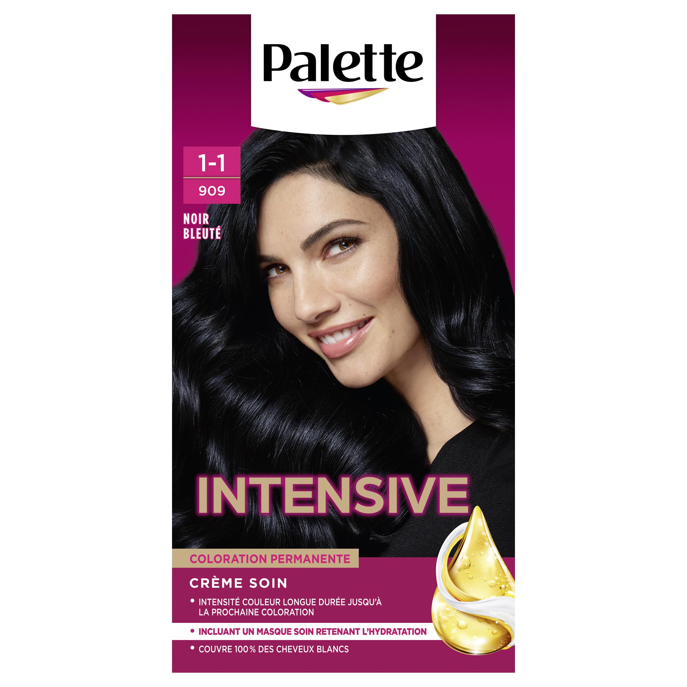 Schwarzkopf Palette, Coloration Permanente Cheveux, Crème Soin, Couvre 100 pour cent des Cheveux Blancs, Tenue 8 semaines, Noir Bleuté 909, 1 Unité