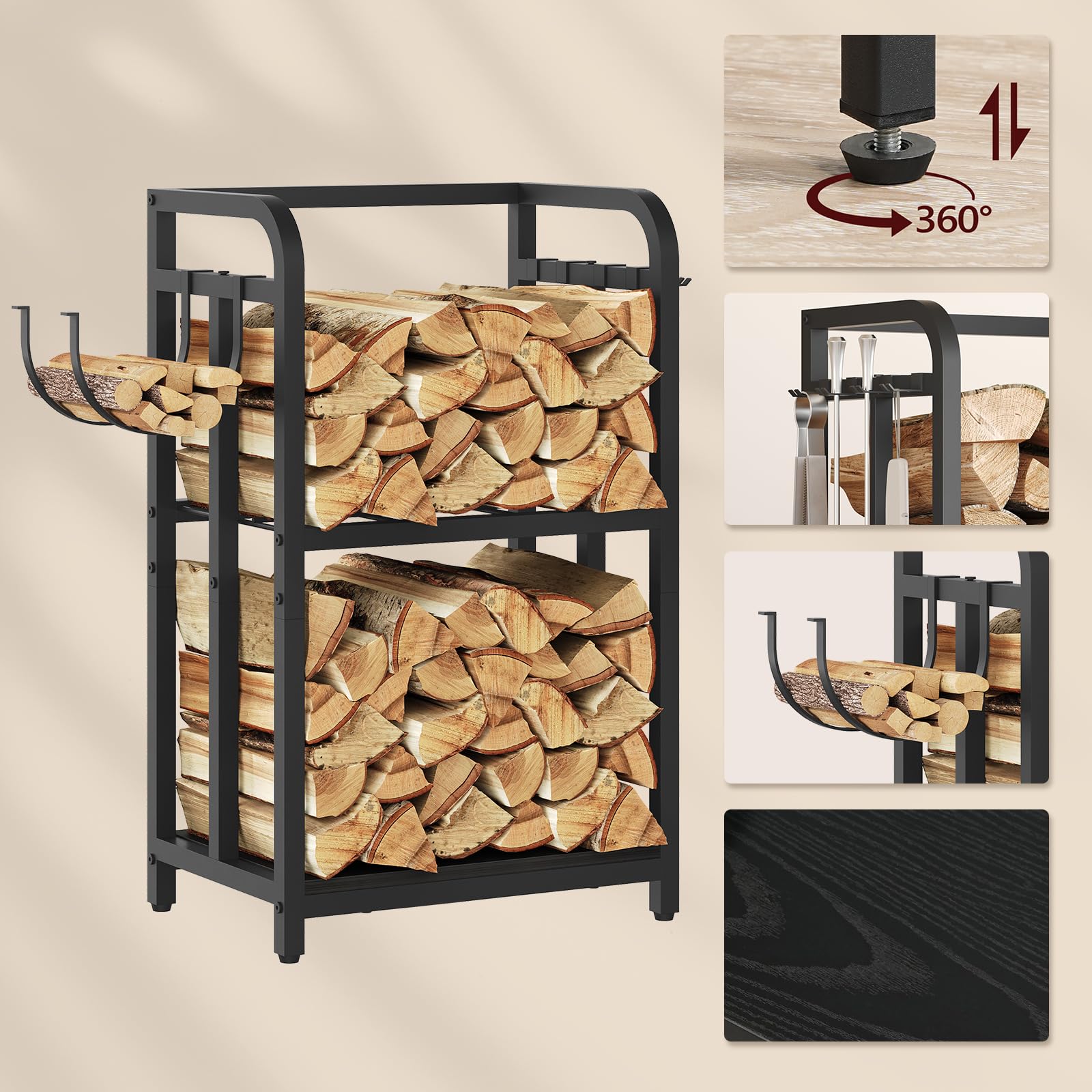 MAHANCRIS Kaminholzregal, Holzregal, Kaminholzhalter Brennholzregal, Metall Stahl Rahmen, für drinnen und draußen, Schwarz AFKBK5301