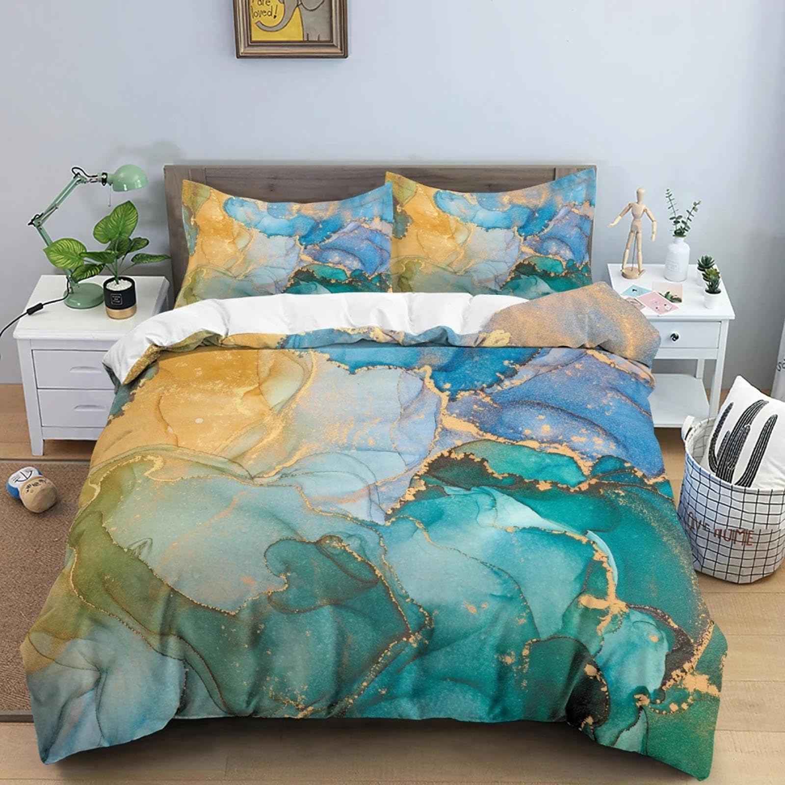 Housse de couette bleu sarcelle effet marbre 135x190 cm avec taies