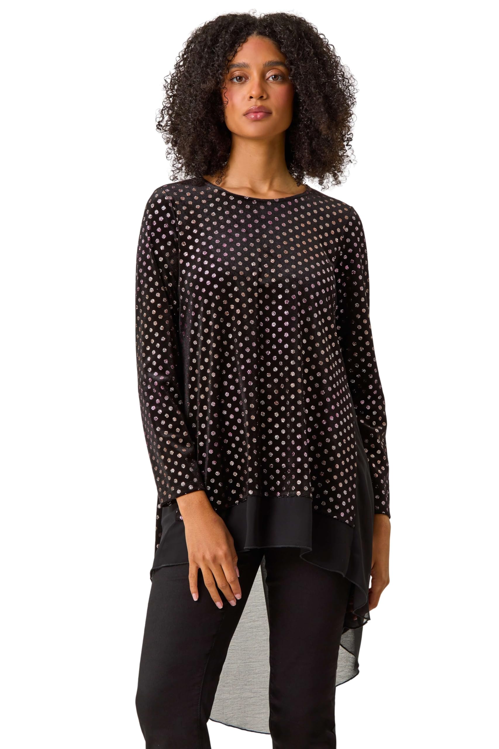 Roman Women's Rose Glitter Spot Print Chiffon Hem Tunic Top Size 10