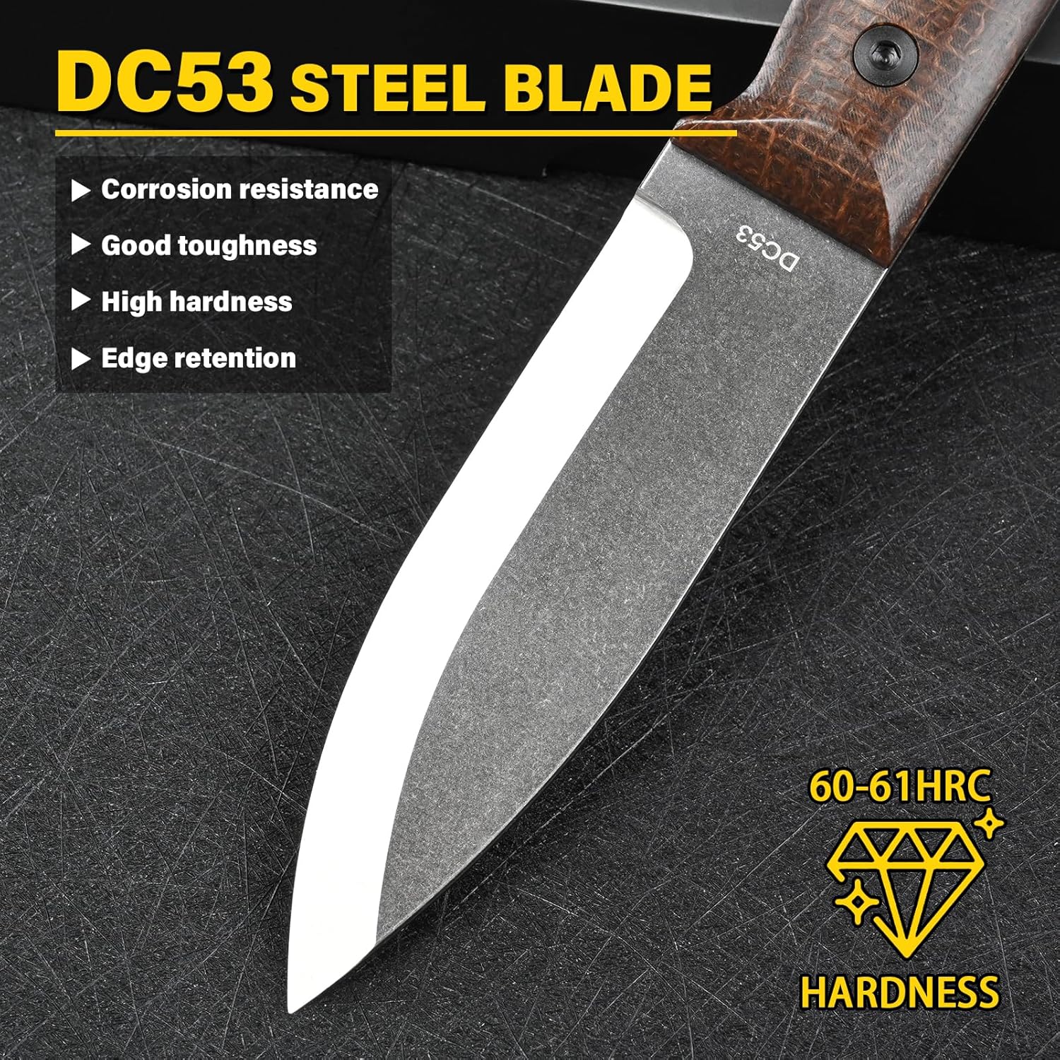 DC53 Steel Scandi Grind Hunting Fixed Blade Knife With Sheath Micarta Handle Knives for EDC Outdoor Camping Survival Tactical Fishing knife (Black/Brown)