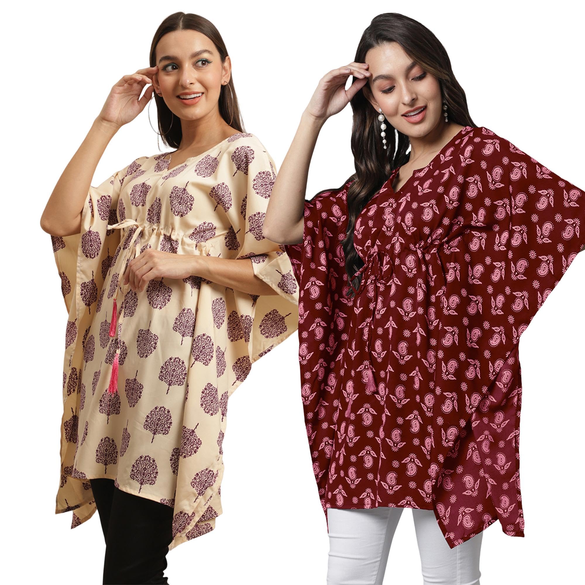 Tee Projekt Casual Crepe Kimino Sleeves Women's Kaftan Dress Ll Kaftan Casual & Everyday Kurta (Pack Of 2) Green-Maroon