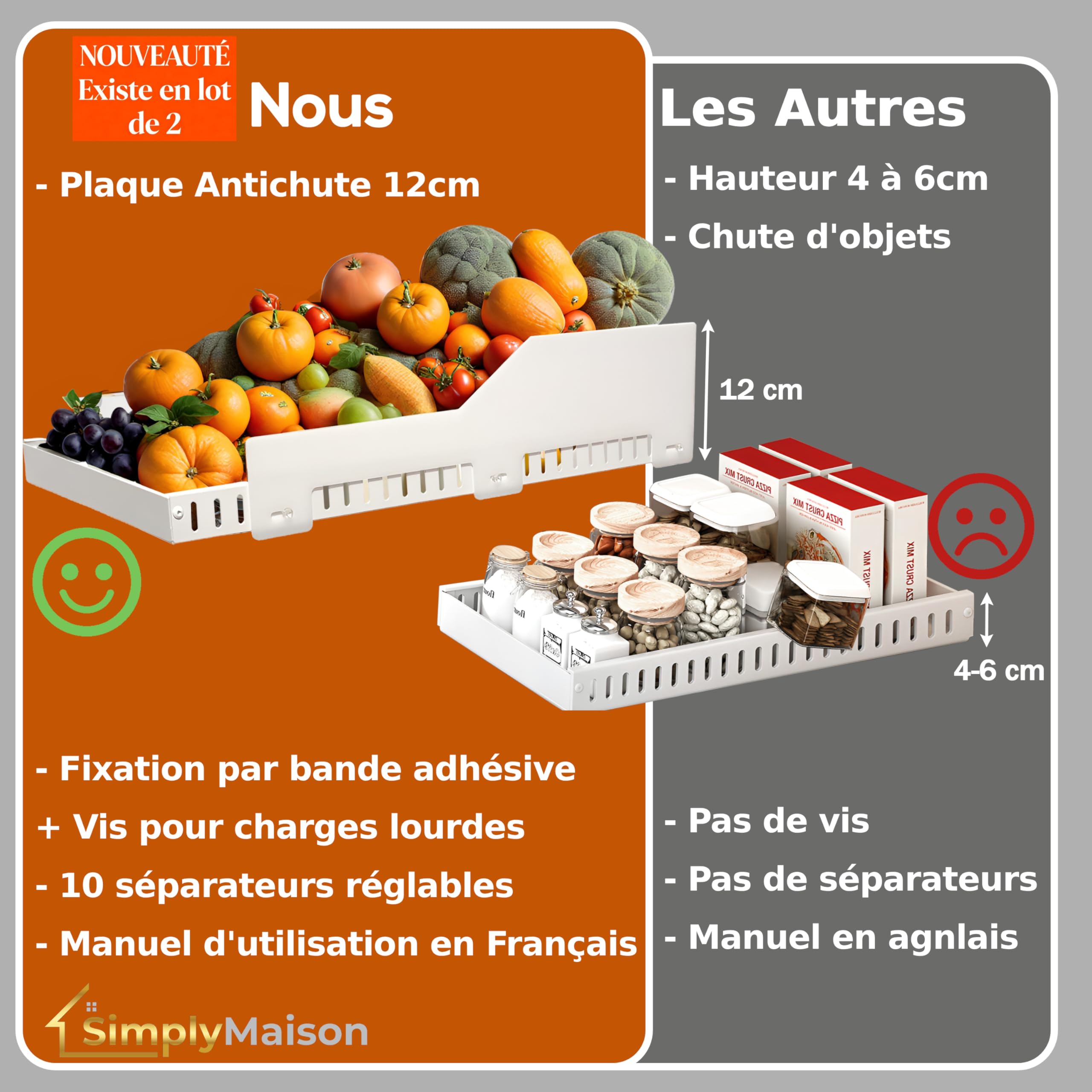 LOT DE 2 Tiroirs coulissants cuisine adhesif - Profondeur XL 52cm - Spécial caisson 60cm -100% Gain de place - Antichute - Range couvercle poele - Sans perçage