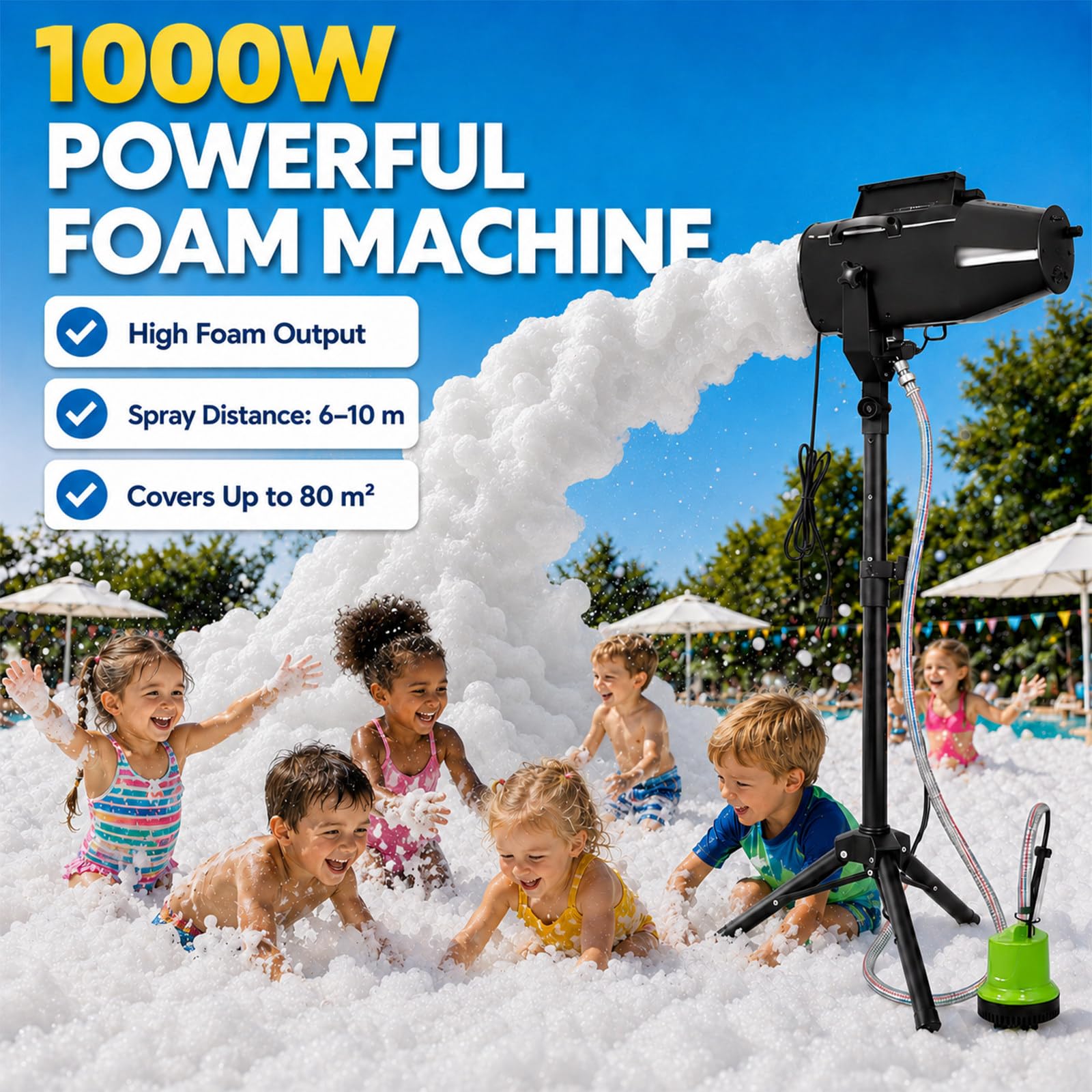 Cannone Sparaschiuma per Feste 1000W, Macchina della Schiuma con Supporto Treppiede e Pompa, Grande Volume di Schiuma 20m³/Min, per Eventi Estivi, Festa in Piscina e Compleanni Privati
