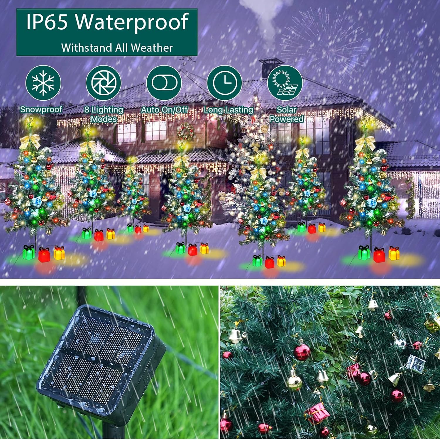 Aukora Solar Christmas Tree Lights Outside Decorations 31 in,8 Modes Christmas Light Outdoor Waterproof with 23 Xmas Accessories & 3 Gifts Box Lights for Garden Pathway Cemetery Decorations,2Pack