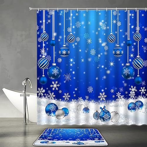 Miniatura 7 de Cortina de ducha con diseño de muñeco de nieve de Navidad, invierno, bosque de pinos, lindo muñeco de nieve azul, juego de cortina de baño con