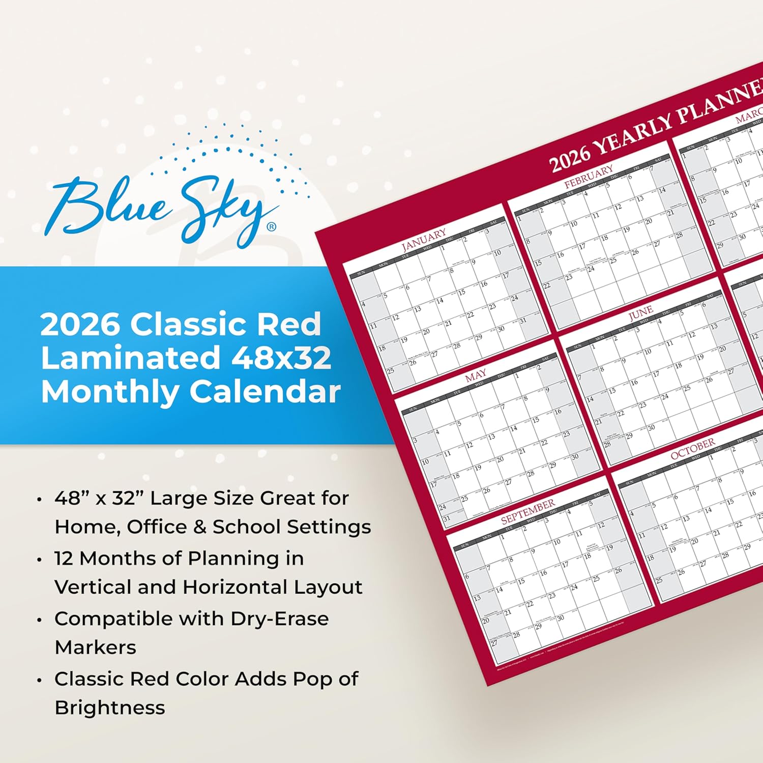 Blue Sky 2026 Laminated Erasable Wall Calendar, Double Sided With Two Monthly Layouts, 48" x 32", Perfect For Workplace And Classrooms, With Pen, Classic Red