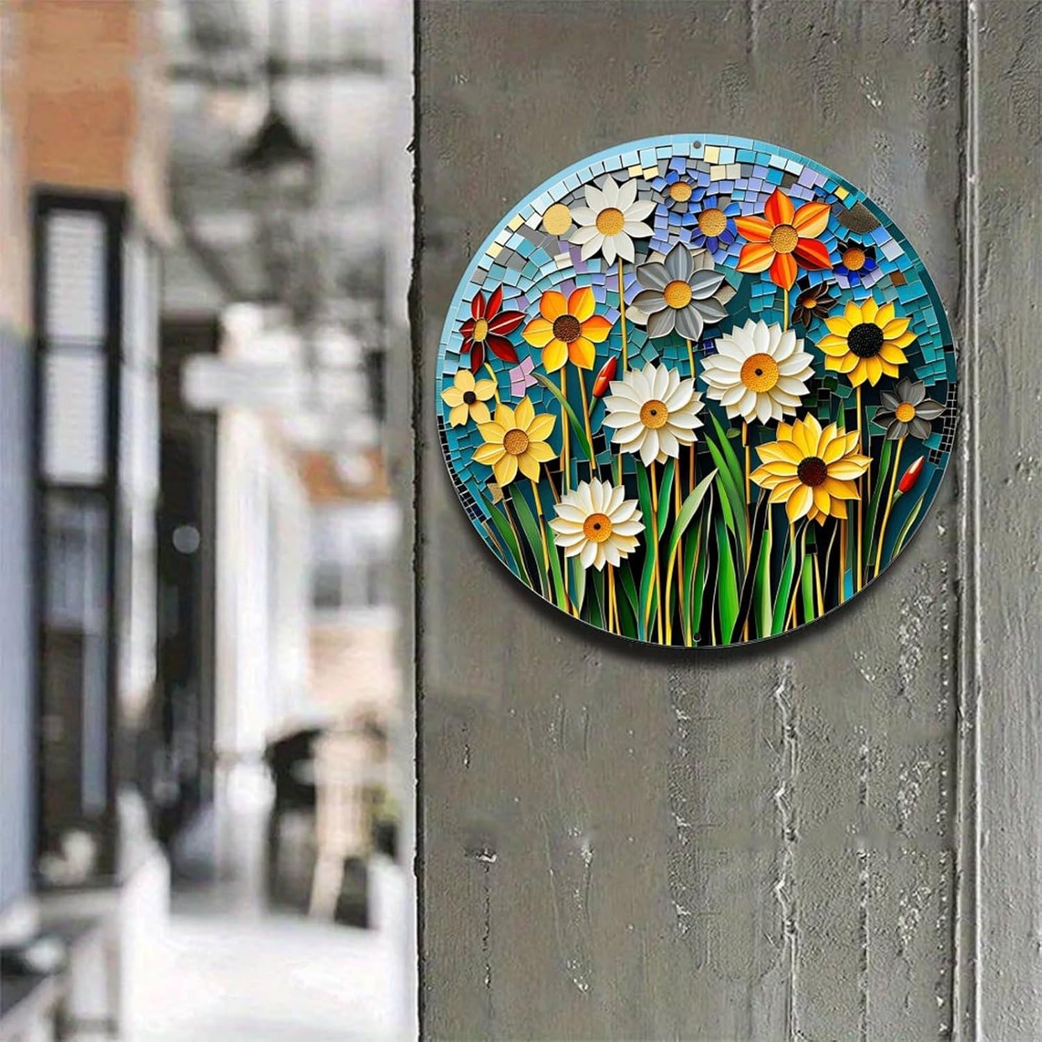 Vibrant Floral Mosaic Vintage Rustic Aluminum Metal Round Wall Sign, 8-inch Indoor Outdoor Gifts And Decor for Home, Office, Cafe & Yard Farm