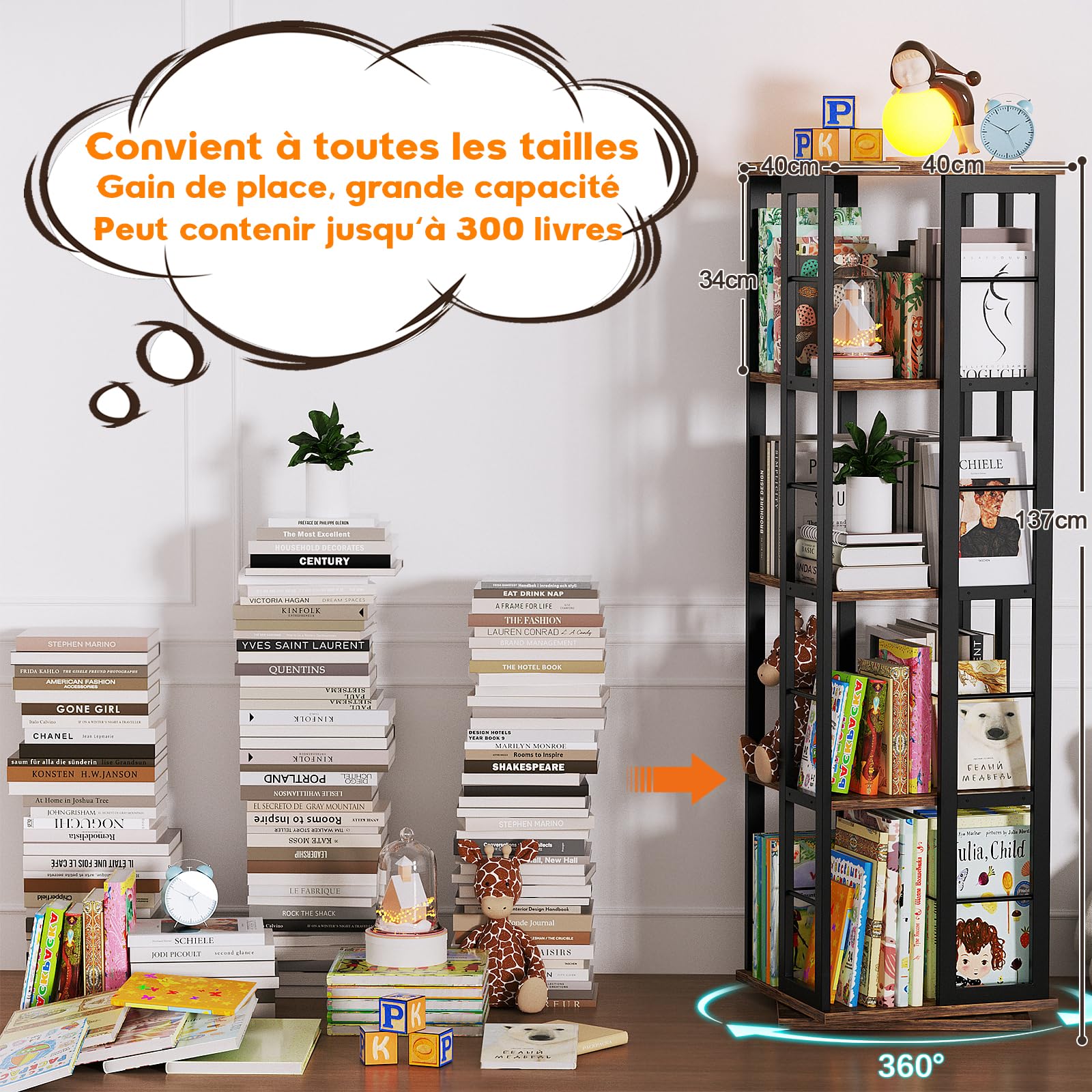 Étagère à livres rotative iSunirm, étagère d'angle, bibliothèque pivotante en bois à 360°, bibliothèque sur pied, étagère étroite et tournante, meuble de rangement pour petits espaces, marron rustique