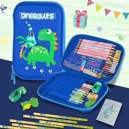 Miniatura 7 de homicozy Estuche para lápices para niños, bonito juego de papelería de dinosaurio para niños, organizador de caja de lápices de EVA 3D con