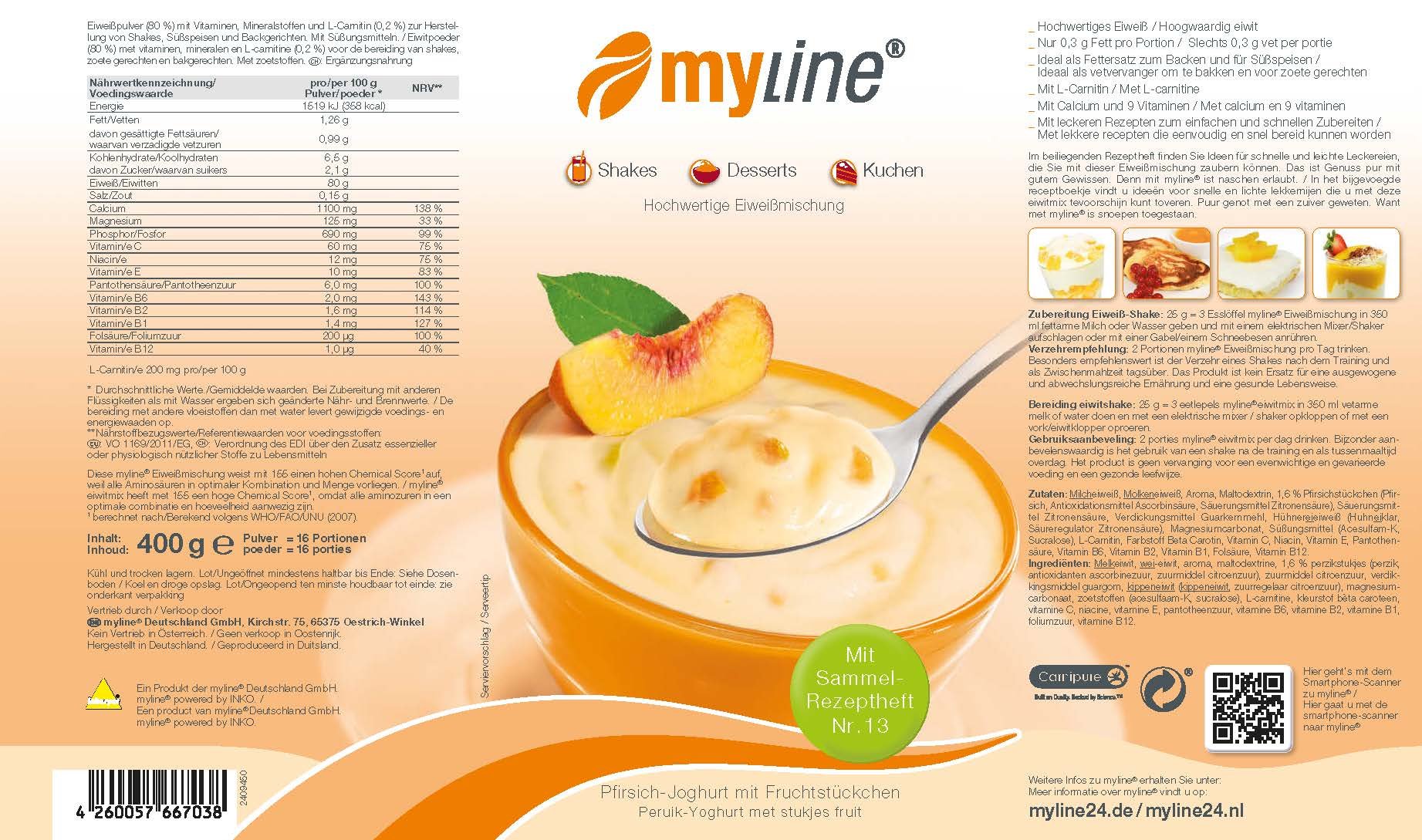 myline Protein Pfirsich-Joghurt mit Fruchtstückchen - hochwertiges Proteinpulver inkl. Rezeptheft - 400g Dose
