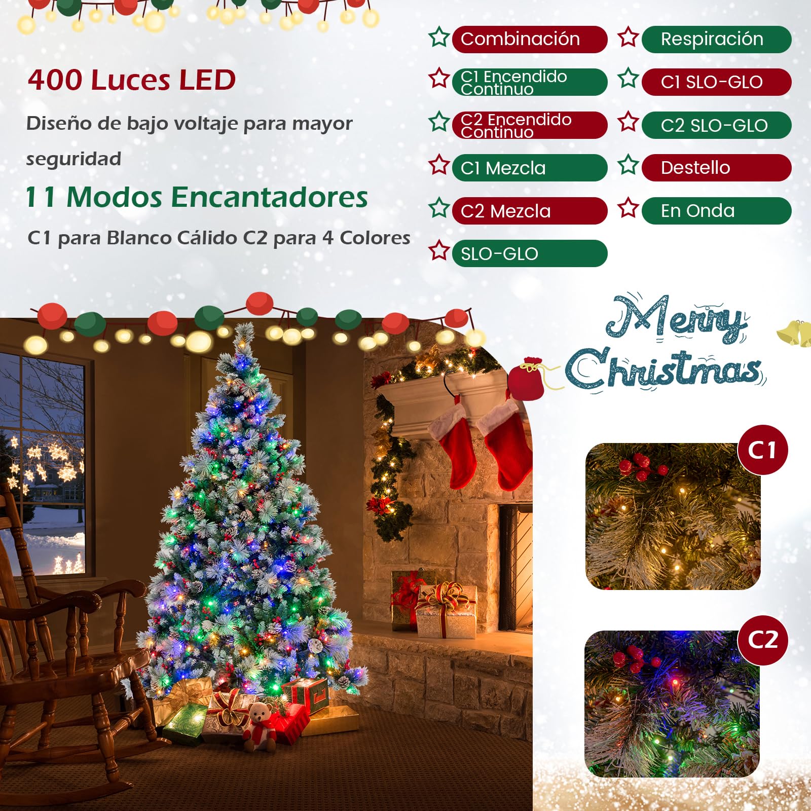 COSTWAY Arbol de Navidad con Luces Incorporadas 215cm, Agujas de Pino, 70 Conos de Piña y 70 Bayas Rojas, 400 Luces LED, 11Modos, 1116 Puntas de PVC, Arvore de Natal w/Light