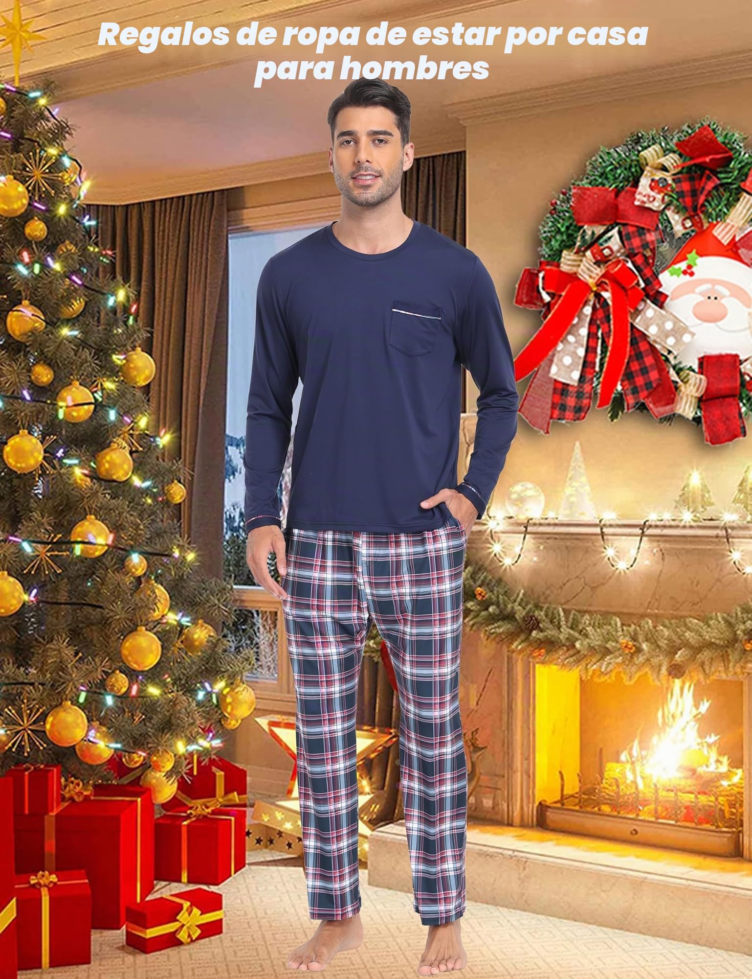 MoFiz Pijamas Largo Hombre Invierno Suave Cálido Ropa de Dormir Conjunto de Pijama Manga Larga Camiseta y Pantalón de Pijama a Cuadros con Bolsillos