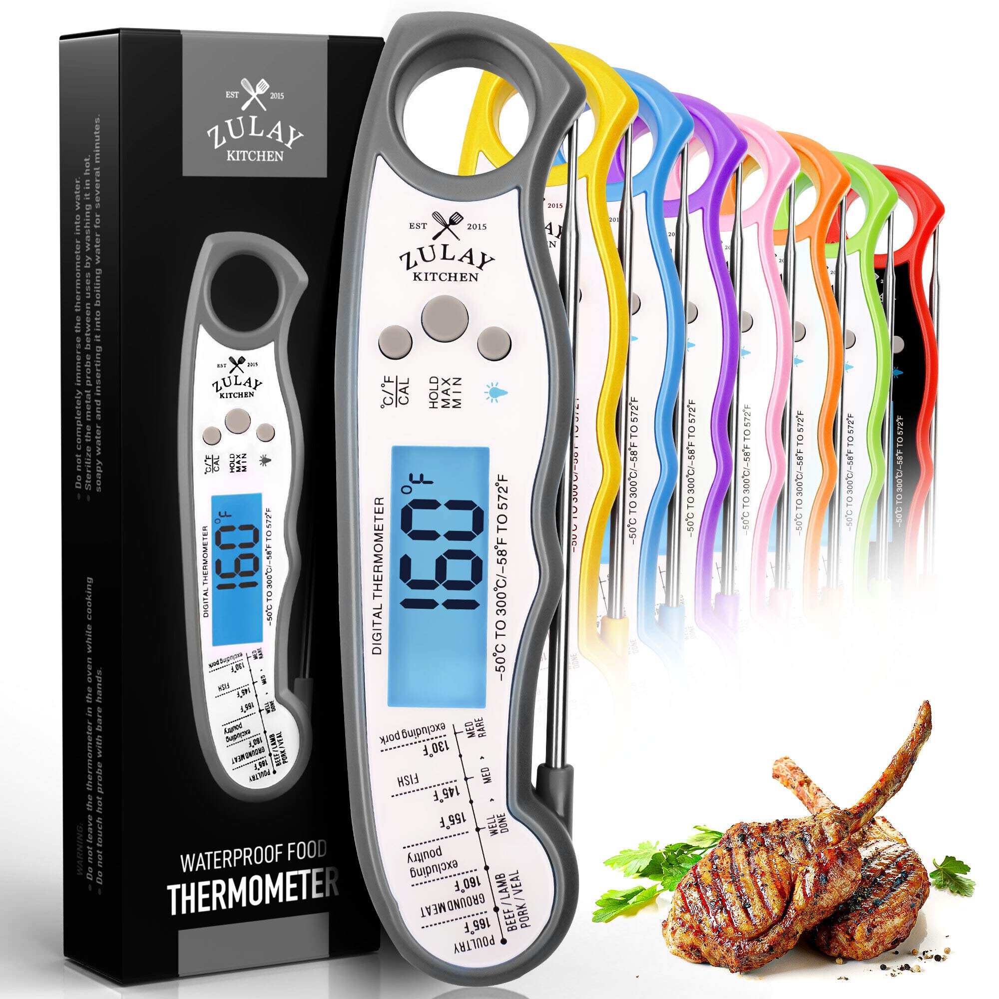 Zulay Instant Read Food Thermometer - Waterproof Digital Meat Thermometer with Backlight, Calibration & Internal Magnetic Mount - Cooking Thermometer for Meat, Kitchen, BBQ & Grill (Charcoal)
