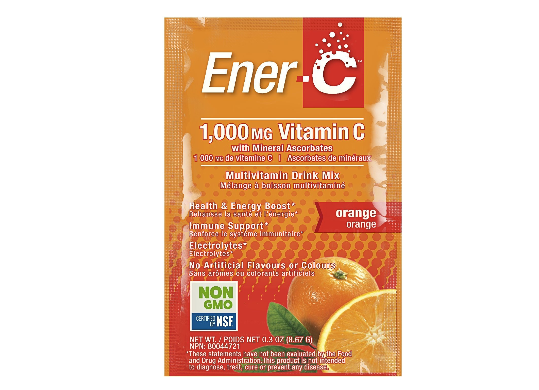 EnerC Orange Multivitamin Drink Mix, 1000mg Vitamin C, NonGMO, Vegan