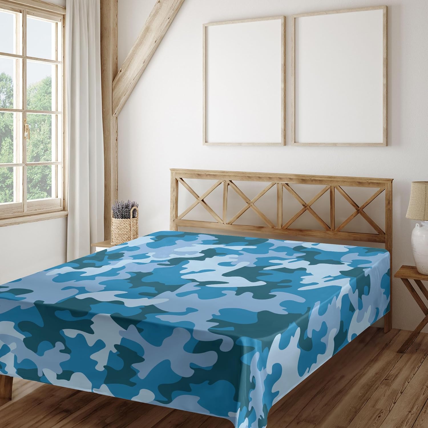 Ambesonne Camo Flat Sheet, Colorful Composition with Abstract Shapes in Sky Color Shades Dark Motifs, Soft Comfortable Top Sheet Decorative Bedding 1 Piece, Queen Size, Soft Blue