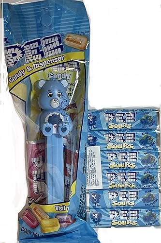 Miniatura 1 de PezCandy Pez Care Bears Grumpy Bear Pez Dispensador en bolsa de violonchelo con 2 rollos de caramelos + 6 rollos de repuesto de caramelo con sabor a