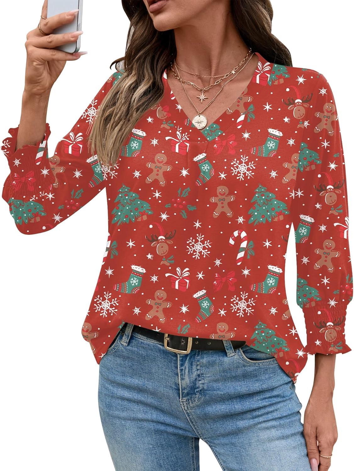 AKEWEI 3/4 Length Sleeve Womens Tops Summer Fashion V Neck Business Casual Blouses Smocked Shirts - Image 2