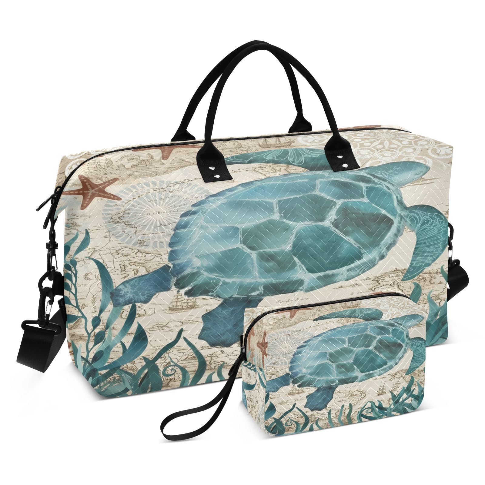 Weekender Bags Travel Duffel Gym Bag Carry on Overnight Tote Bag with Toiletry Bag for Airplane Travel Trip Gym Yoga (Sea Lives Turtle Coral)