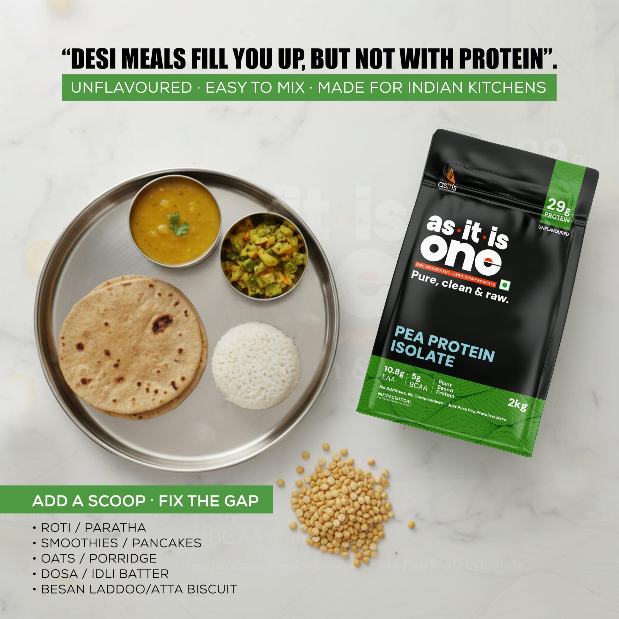 AS-IT-IS ONE Pea Protein Isolate - Plant Based - Unflavoured, 29g Protein, Supports Muscle Recovery & Growth, Adults of All ages, 2kg 4