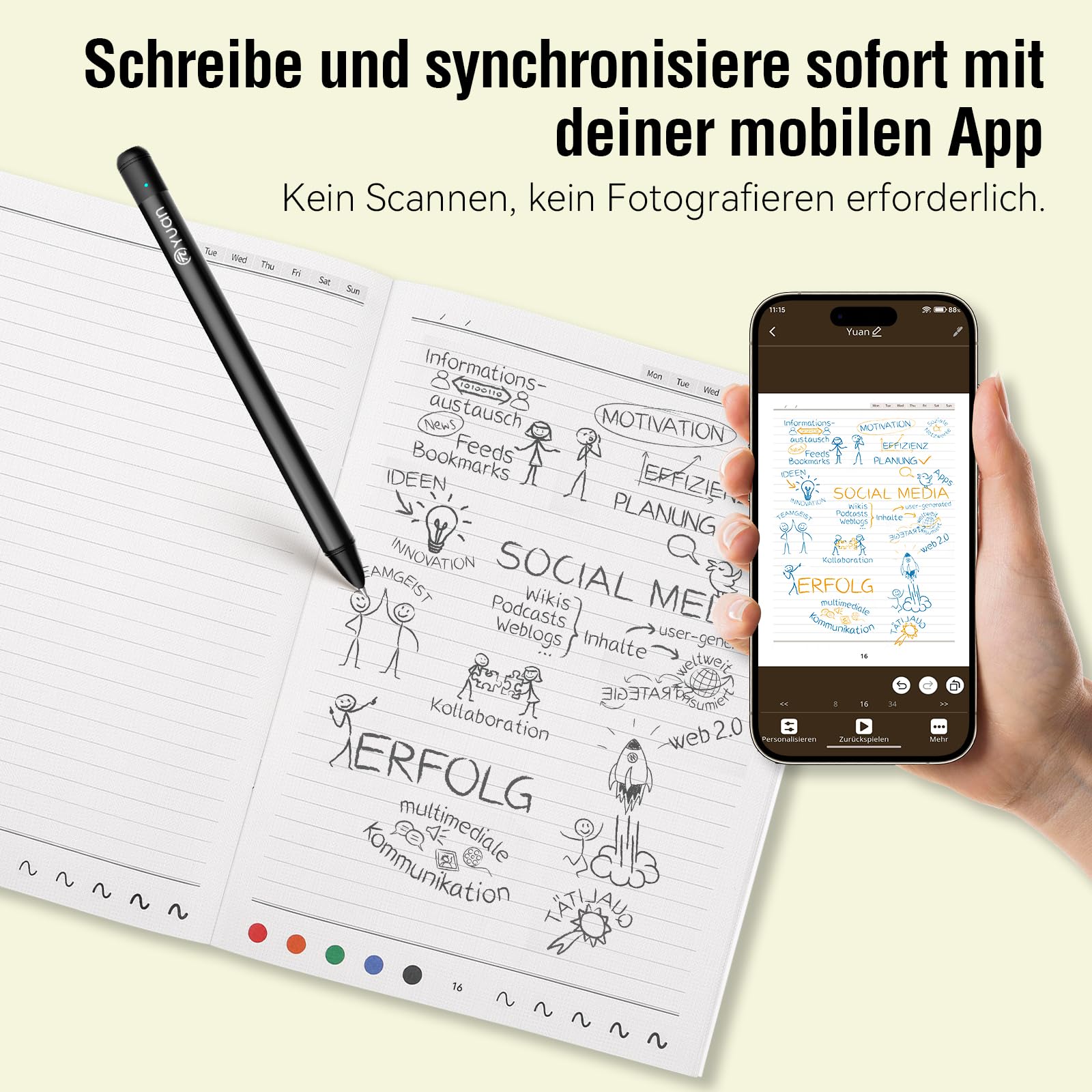 Yuan Digitales Notizbuch mit Pen, Smart Writing Set Bluetooth-Notizbuch | Echtzeit-Sync Digitalisierung auf phone/Tablet, Notizblock Intelligentes Schreiben für Schüler, Skizzieren, Notizen machen