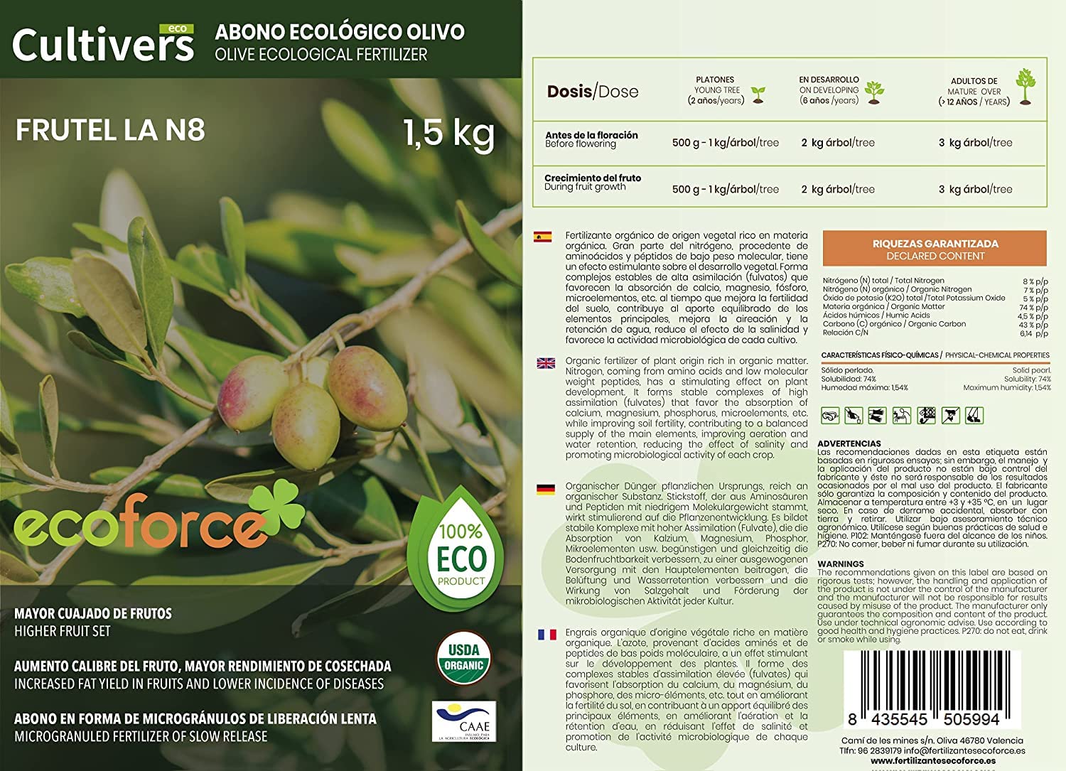 CULTIVERS Abono Olivo y Plantas Mediterráneas Ecológico 20 kg granulado. 100% Orgánico y Vegano. Mejora la Productividad