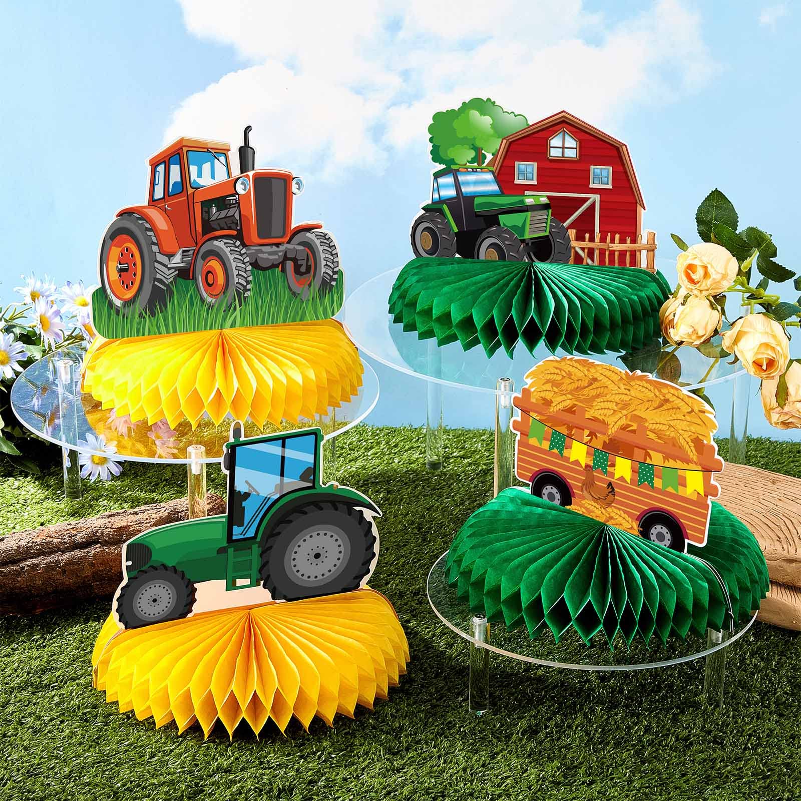 Décorations d'anniversaire en forme de tracteur vert en nid d'abeille, décoration de table sur le thème du tracteur agricole pour camion, ferme, fête d'anniversaire pour 1e, 2e et 3e