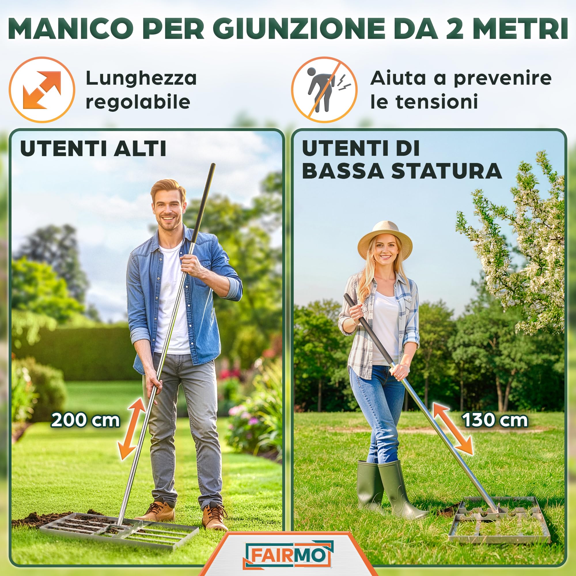 FAIRMO Rastrello livellatore per terra in acciaio inox (75x35 cm) con manico da 2 m - Fairmo Livellatore prato per sabbia e terra - Rastrello per prato largo