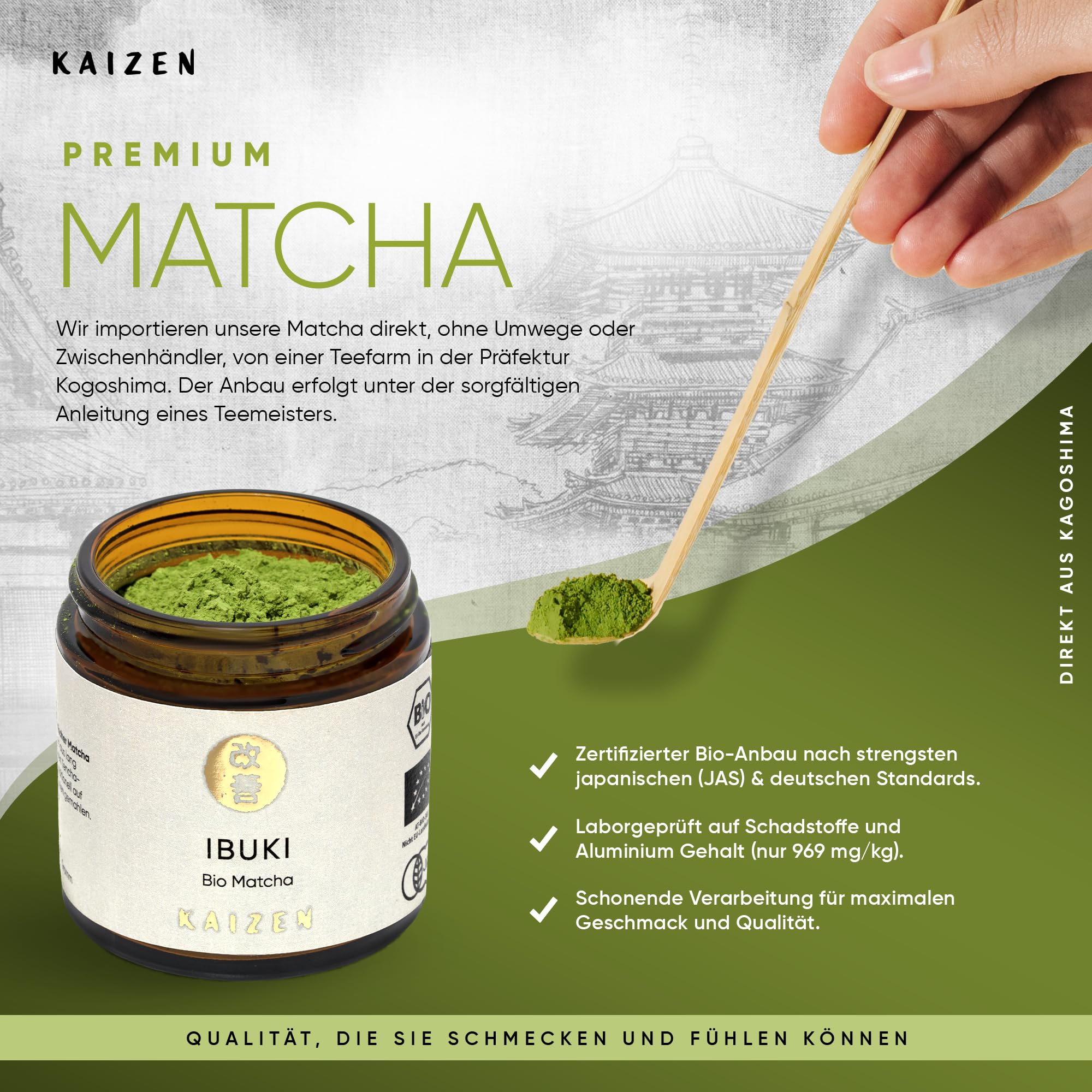 Kaizen® Ibuki Matcha Set - erlesener Premium Bio Matcha-Tee, handgefertigte Chawan-Teeschale, Besen & Löffel - Komplett-Set für Einsteiger und Kenner