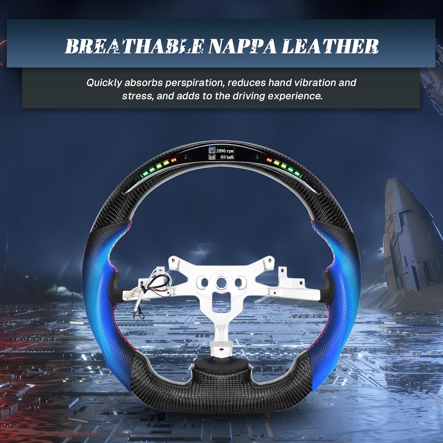 Real Carbon Fiber Steering Wheel For Chevrolet Corvette C6 2006-2011 ZR1 Z06 D-shaped Nappa Perforated Leather Flat-bottom Steering Wheel For Corvette C6 with LED Shift Indicator