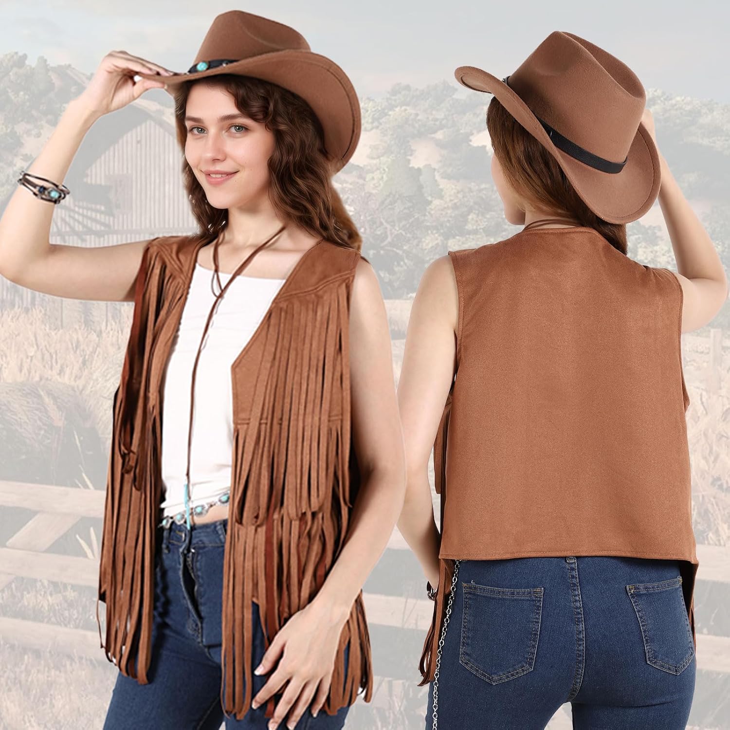 Western Outfits for Women Cowgirl Outfits Cowgirl Vest Boho Cowboy Hat Fringe Vest for Halloween Cosplay - Image 3