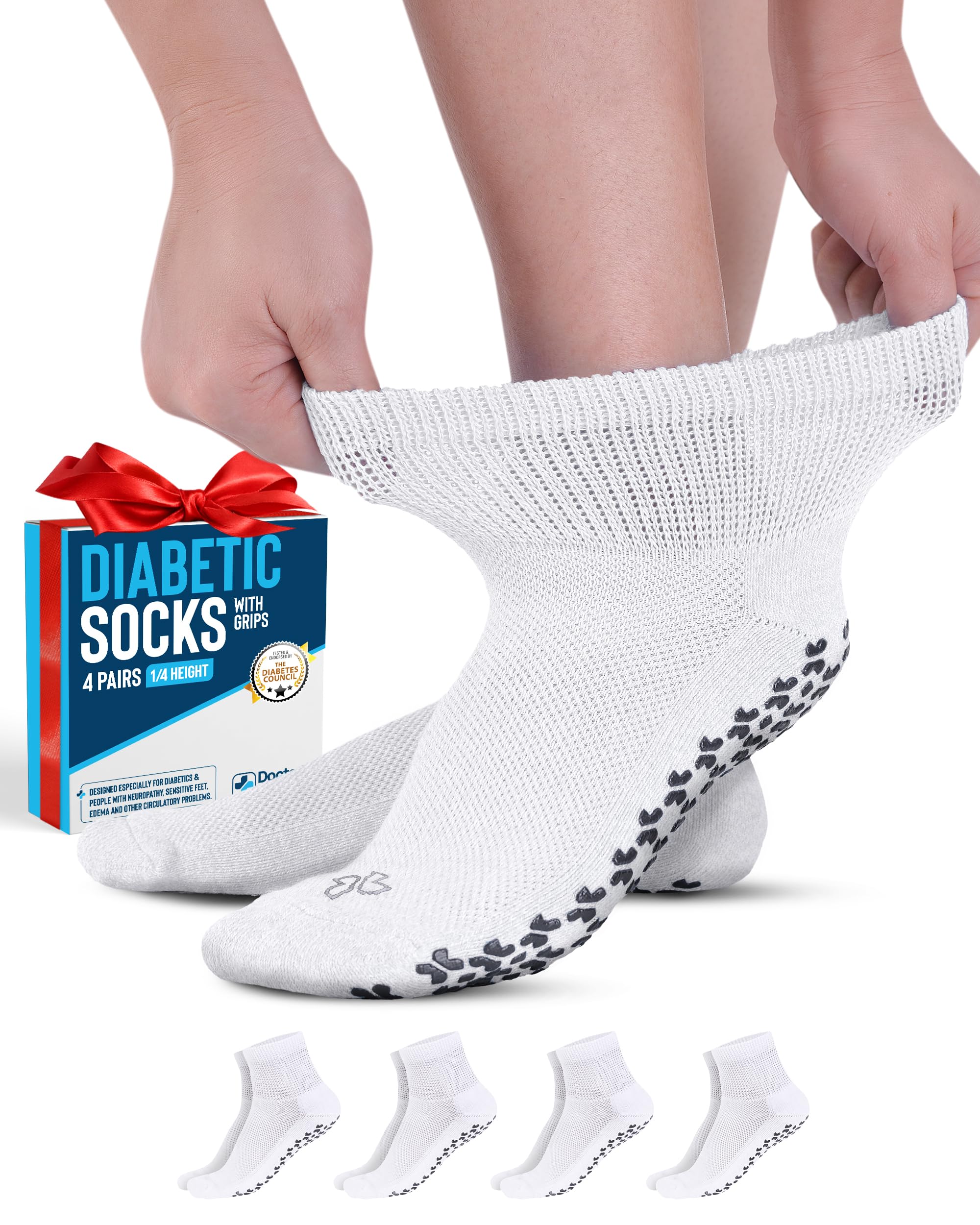 Doctor's Select Diabetic Ankle Socks with Grippers for Men and Women - 4 Pair 1/4 Length Neuropathy Socks for Women