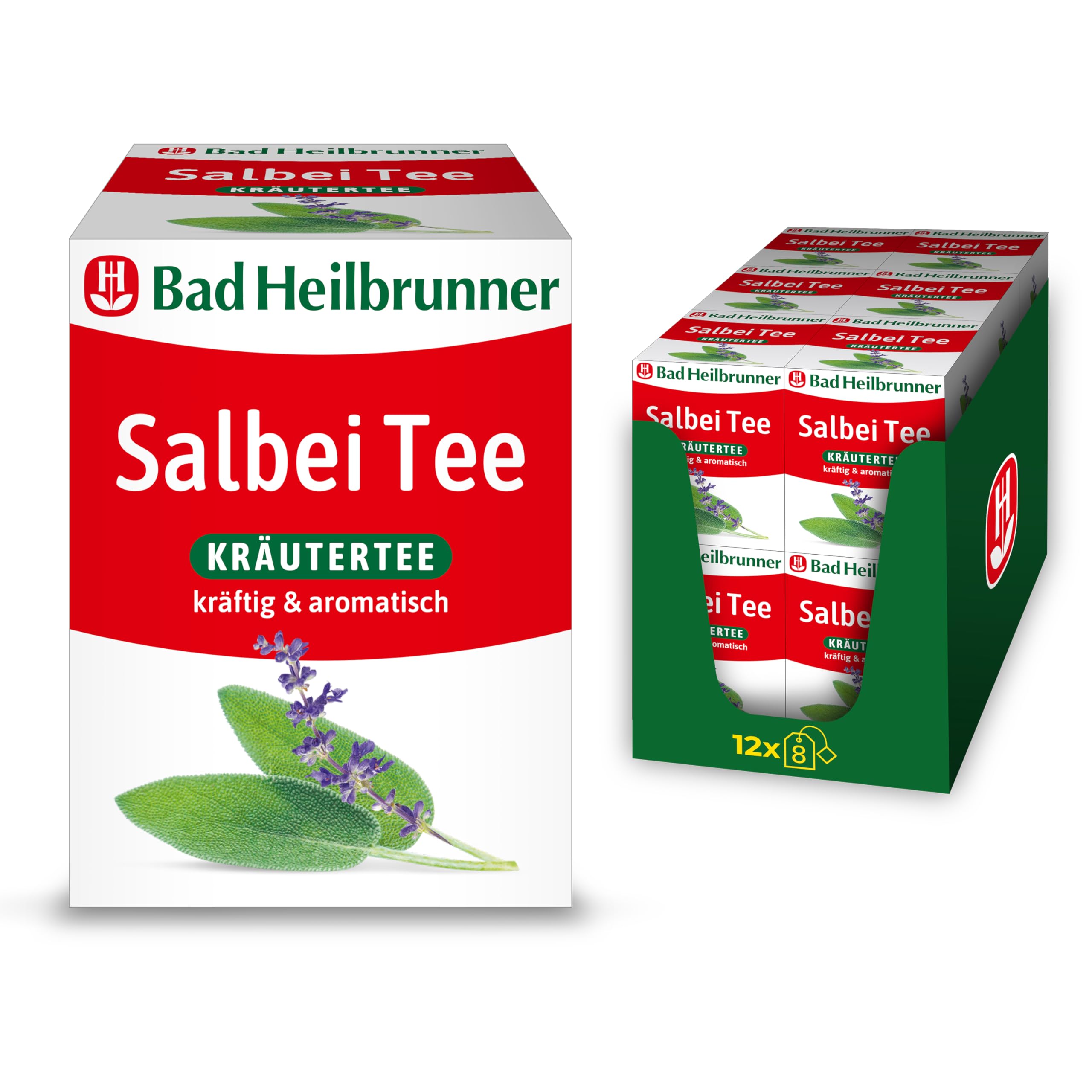 Bad Heilbrunner Salbei Tee – Pflanzlicher Arzneitee zur Unterstützung bei Magen-Darm-Beschwerden, übermäßiger Schweißbildung und Entzündungen im Mund- und Rachenraum, (12 x 8 Filterbeutel)