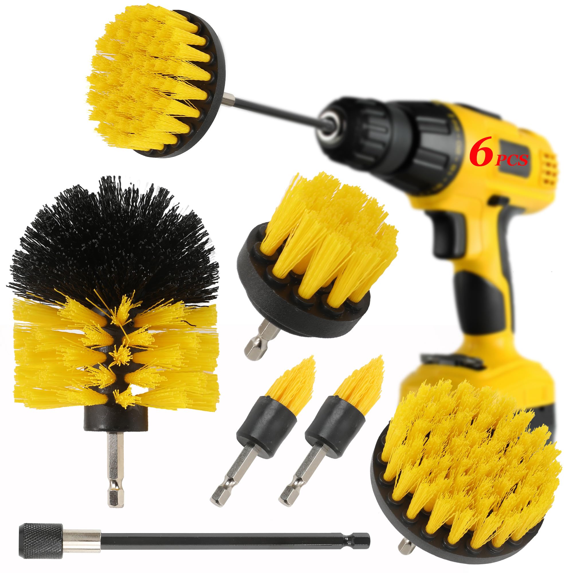 6Pcs Drill Brush Cleaning Kit with Extendable Rod, Yellow
