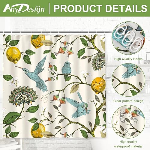 Miniatura 3 de AnyDesign - Cortina de ducha de limón, diseño de pájaros azules, árbol de limón, decoración de baño, juego de cortina de baño retro con ganchos para