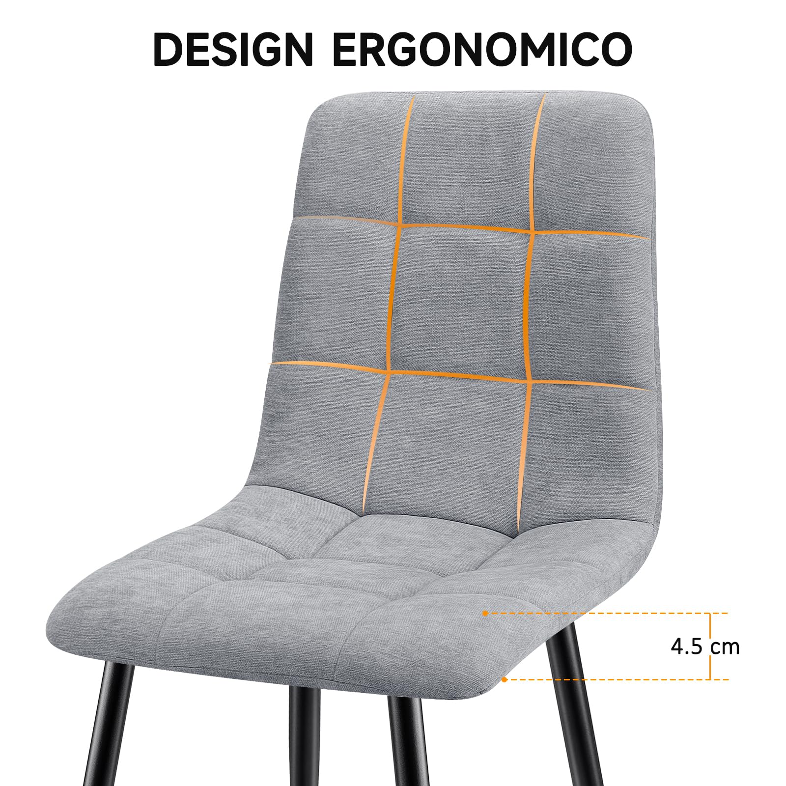 Set di 6 Sedie da Pranzo con Piedi in Metallo Nero, Imbottite con Tessuto di Lino per Cucina, Camera da Letto, Salotto e Soggiorno - Gray