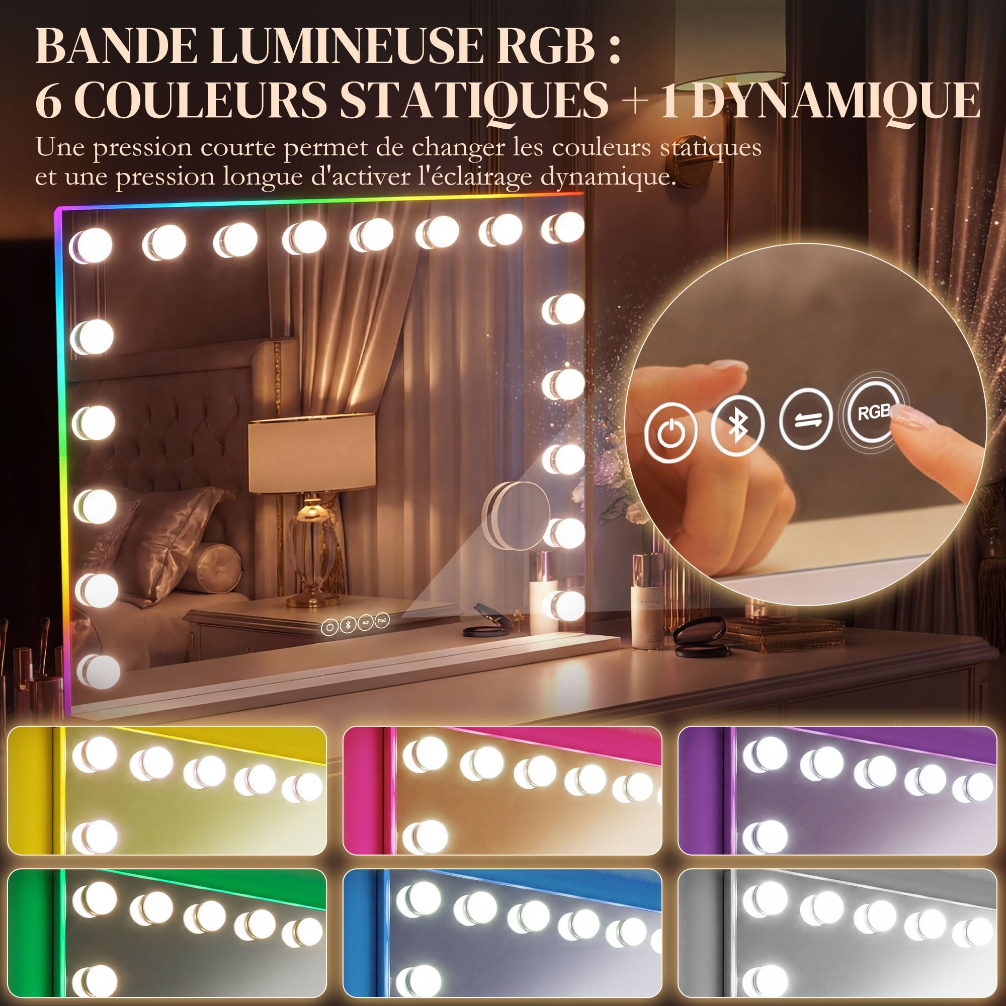 HOMCOM Miroir Maquillage Hollywood 80x60cm Miroir Coiffeuse LED 18 Ampoules dimmables 3 Couleurs d'éclairage lumière RGB Haut-Parleur Bluetooth grossissement 10x contrôle Tactile sur Table/sur Mur