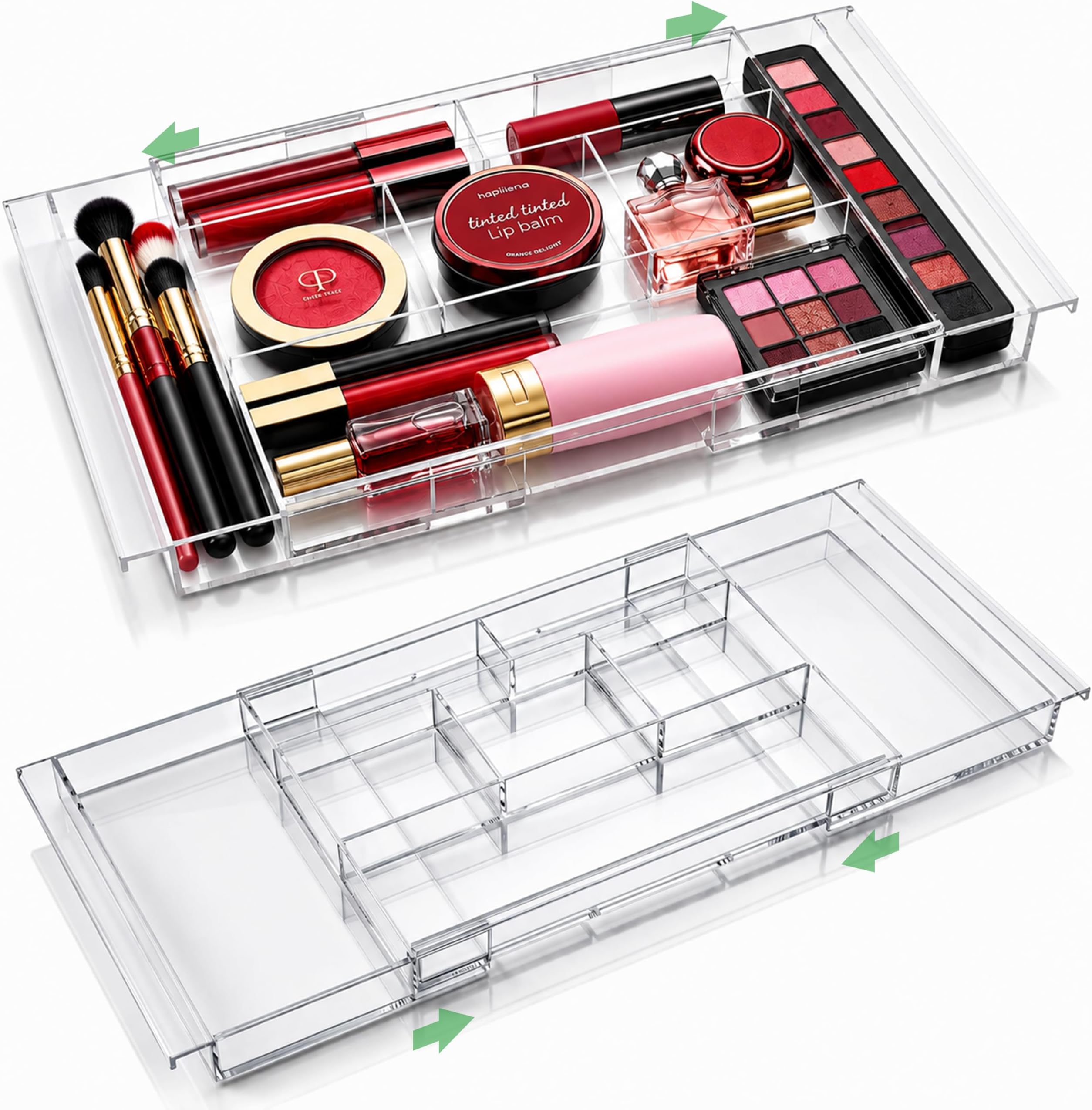 Masirs Expandable Drawer Organizer - Customizable Makeup Vanity Organizing Storage Tray for Bathroom, Bedroom & Desk Drawers - Clear Plastic Cosmetics Organizers with Expanding Compartment (Set of 2)