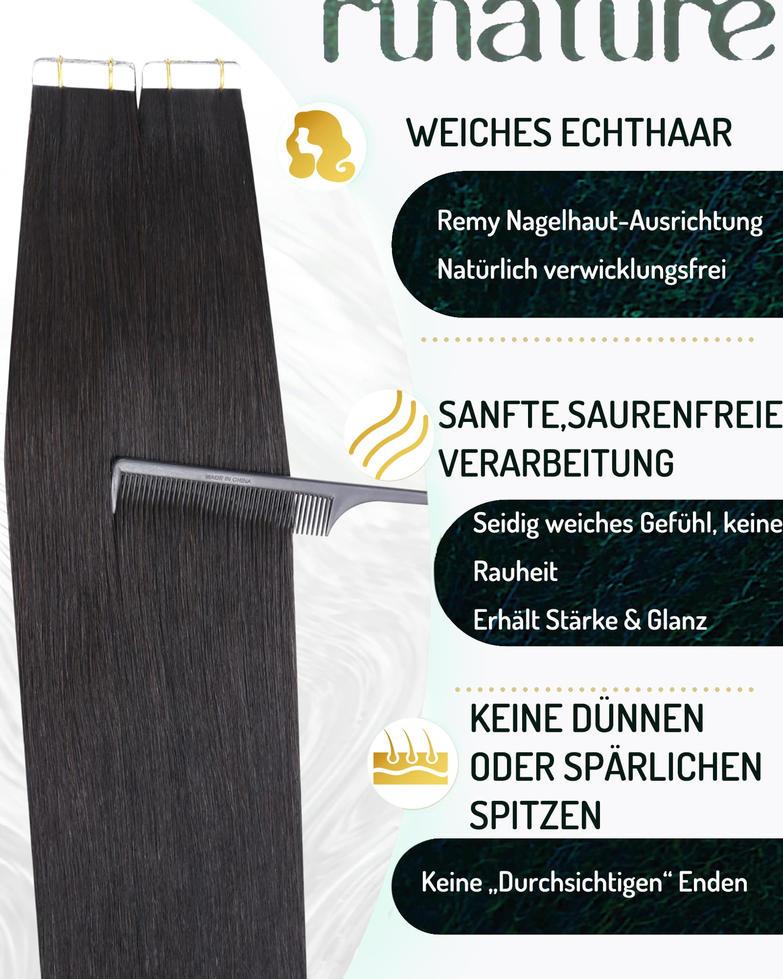 RUNATURE Tape Extensions Echthaar Schwarz 60cm 20pcs 50g #1B seamless unsichtbar