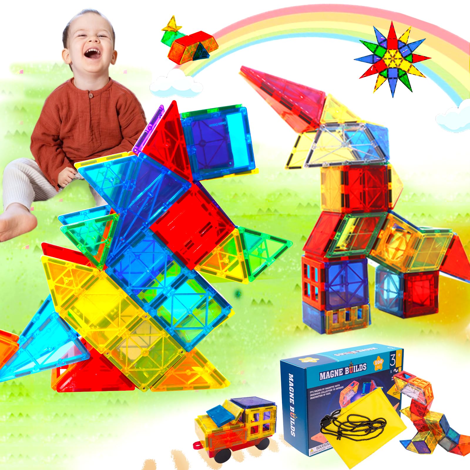 HAS Happiness and Surprise 100 pcs Magnetic Tiles,Dinosaurs Magnetic Tiles Building Blocks with Storage Drawing Bag,3D Magnet Puzzles Toys for Preschool