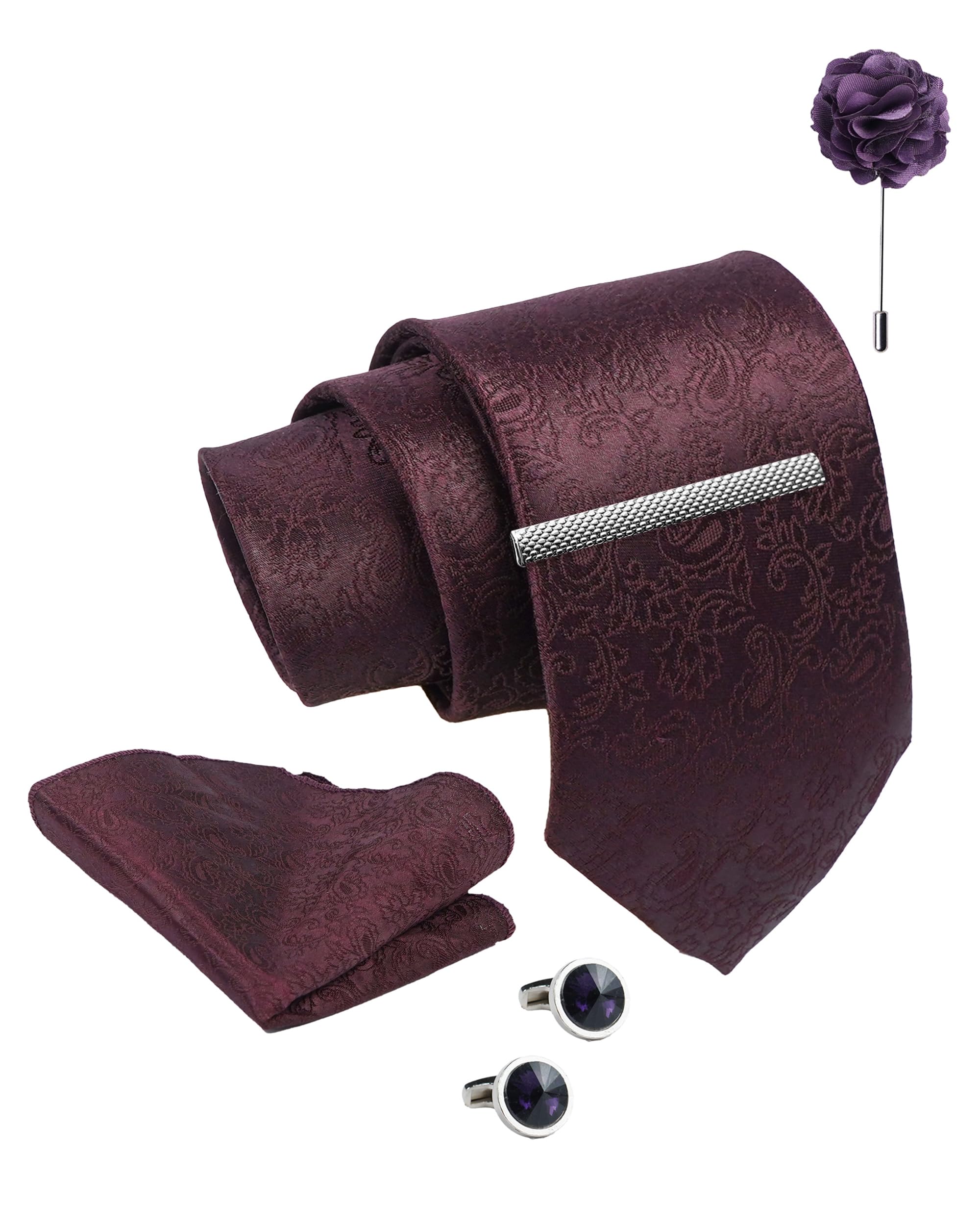 axlon Tie for Men – Checkered Silk Neck Ties Set with Cufflinks Flower Pin, Pocket Square & Black Gift Box, Combo Necktie Sets for Office Wear, Formal Suits & Weddings (Deep Wine, NXWDS_10)-picture-53