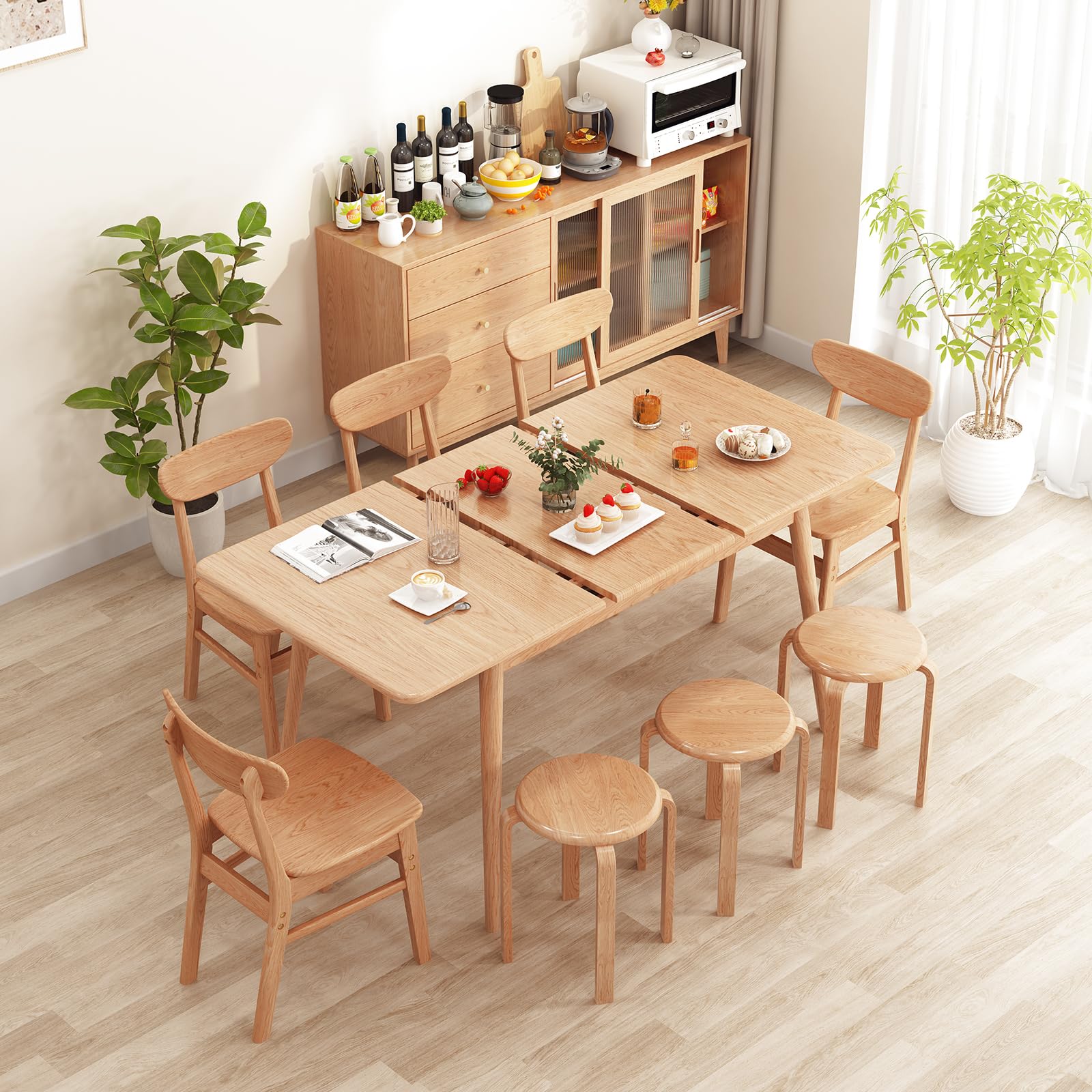 Dining Table, Solid Wood Extendable Dining Table Can Accommodate 4-8 People, Sturdy and Easy Assembly Modern Dining Room Table for Kitchen, Living Room, Apartment (Table only)
