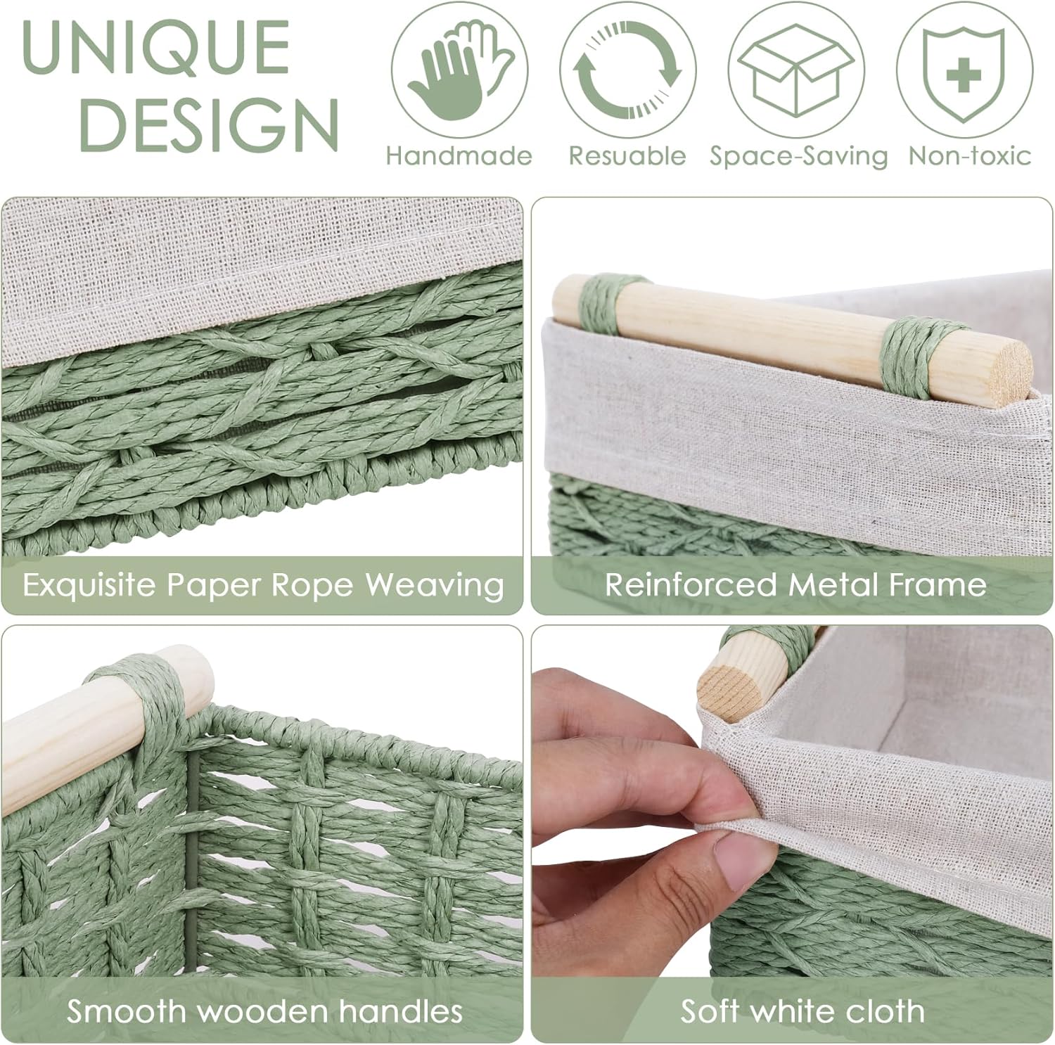 Wicker Storage Basket with Wooden Handle – Paper Rope Decorative Toilet Paper Baskets & Bathroom Organizer for Toilet Tank Top, Shelves, Bedroom, Countertop,Home,Office Storage Bins, 2 Pack,Sage Green