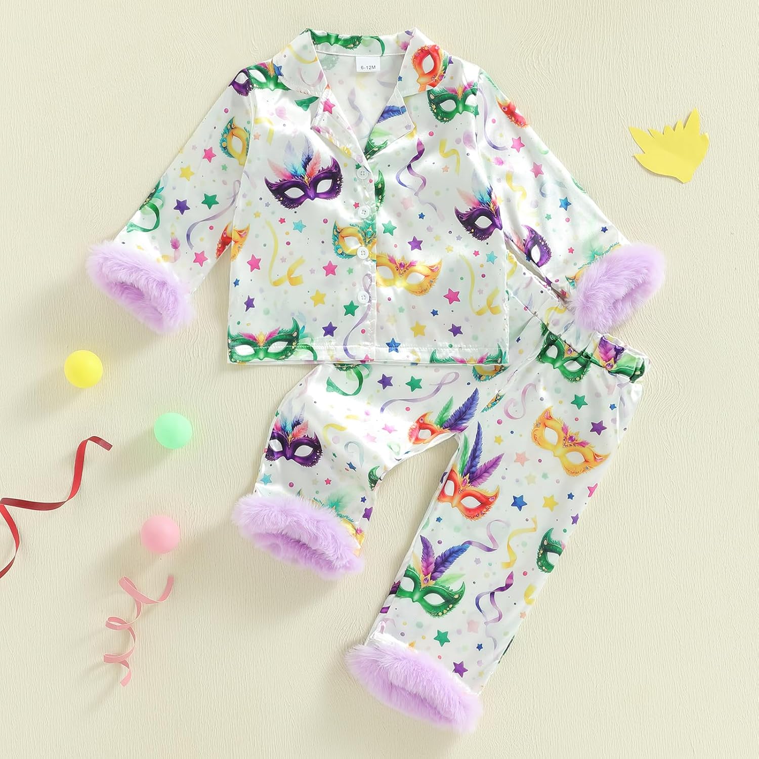 Kayotuas Kids Mardi Gras Pajamas Toddler Girl Satin Pajama Set Masquerade Face Bows Print Feather Trim Shirt Pants Sleepwear - Image 4